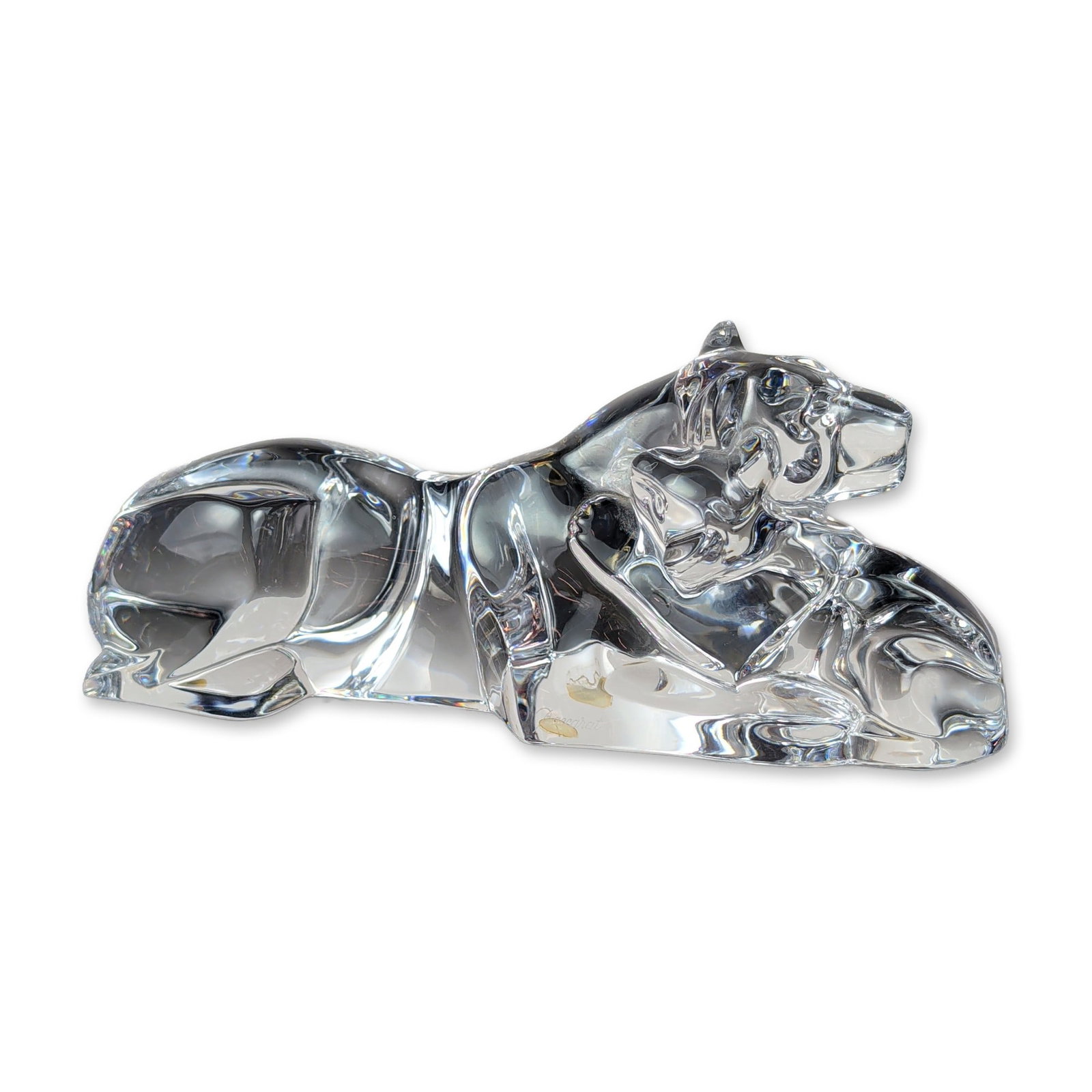 Baccarat Crystal Stylized Lion Mother and Baby Figurine: Baccarat crystal stylized Lion and Mother figurine in clear lead crystal, featuring a modern rounded form with smooth polished surfaces. Acid-etched Baccarat script signature and circular factory mark