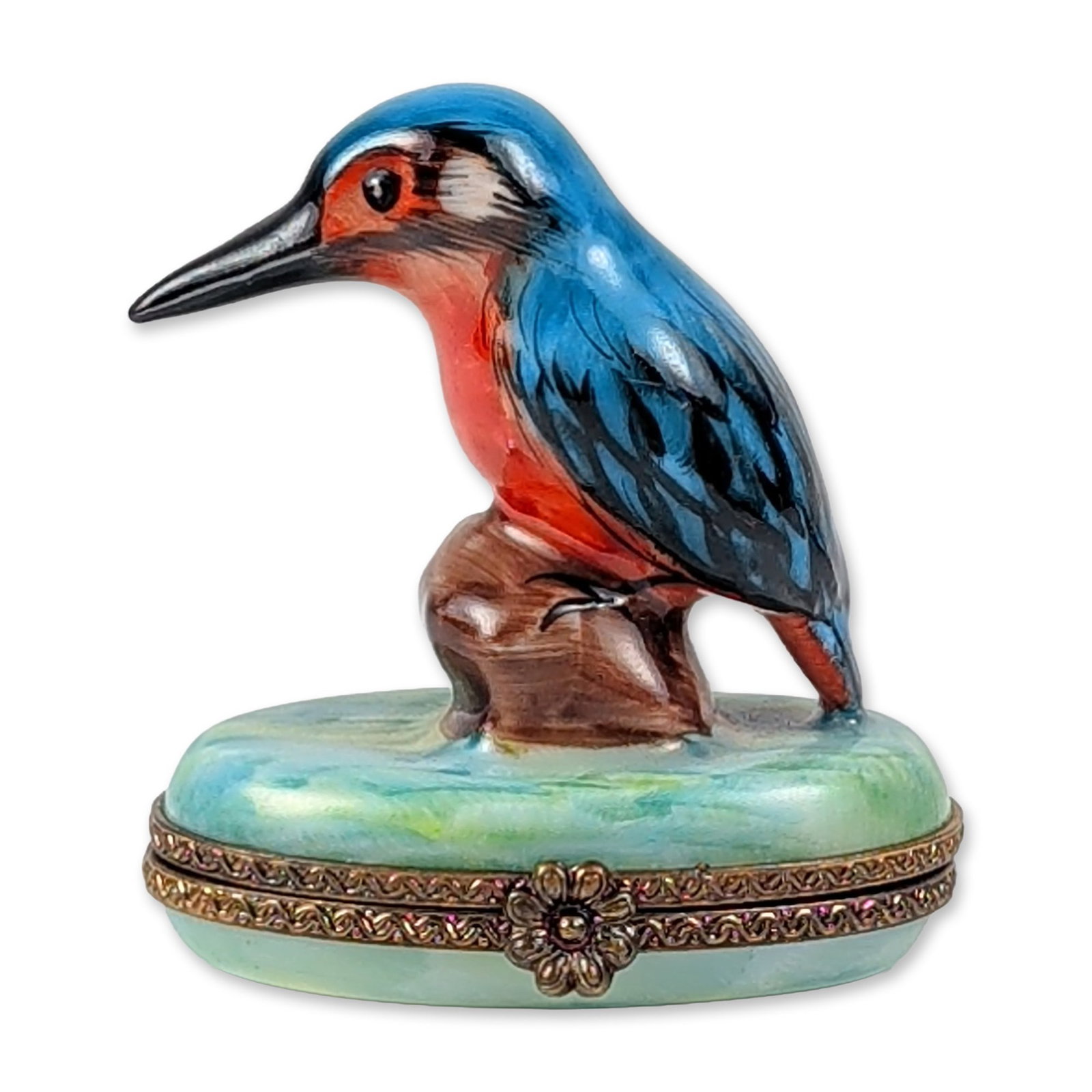 Limoges Kingfisher Porcelain Trinket Box: French Limoges hand-painted porcelain trinket box produced by the Parry Vieille workshop, modeled in the form of a kingfisher. The bird is depicted perched on a brown tree stump atop an oval base fini