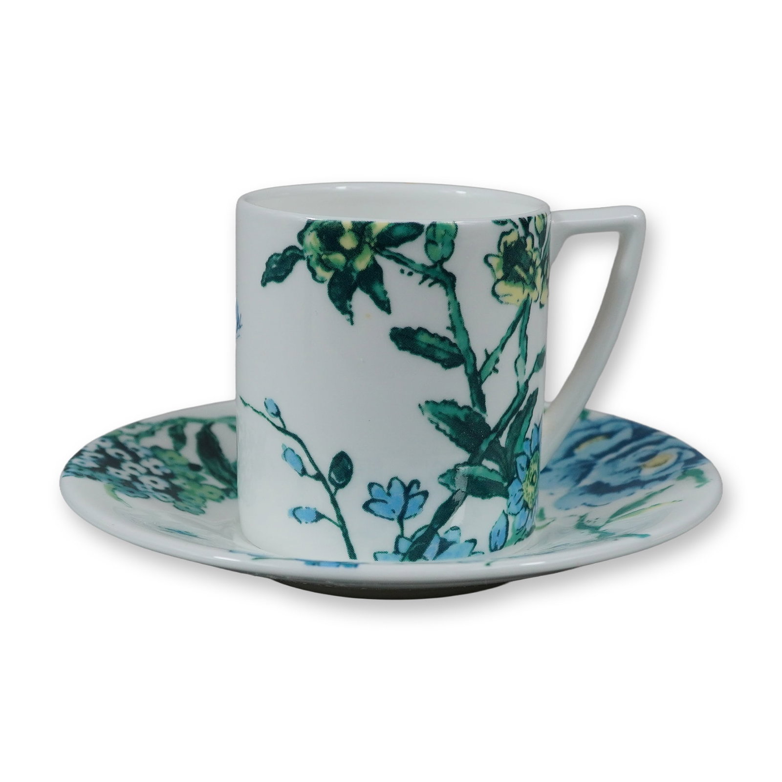 Wedgwood by Jasper Conran Chinoiserie White Bone China Espresso Cup and Saucer: This bone china espresso cup and saucer set was designed by Jasper Conran for Wedgwood in the Chinoiserie White pattern. The set features a cylindrical cup with a distinctive angular handle and a matc