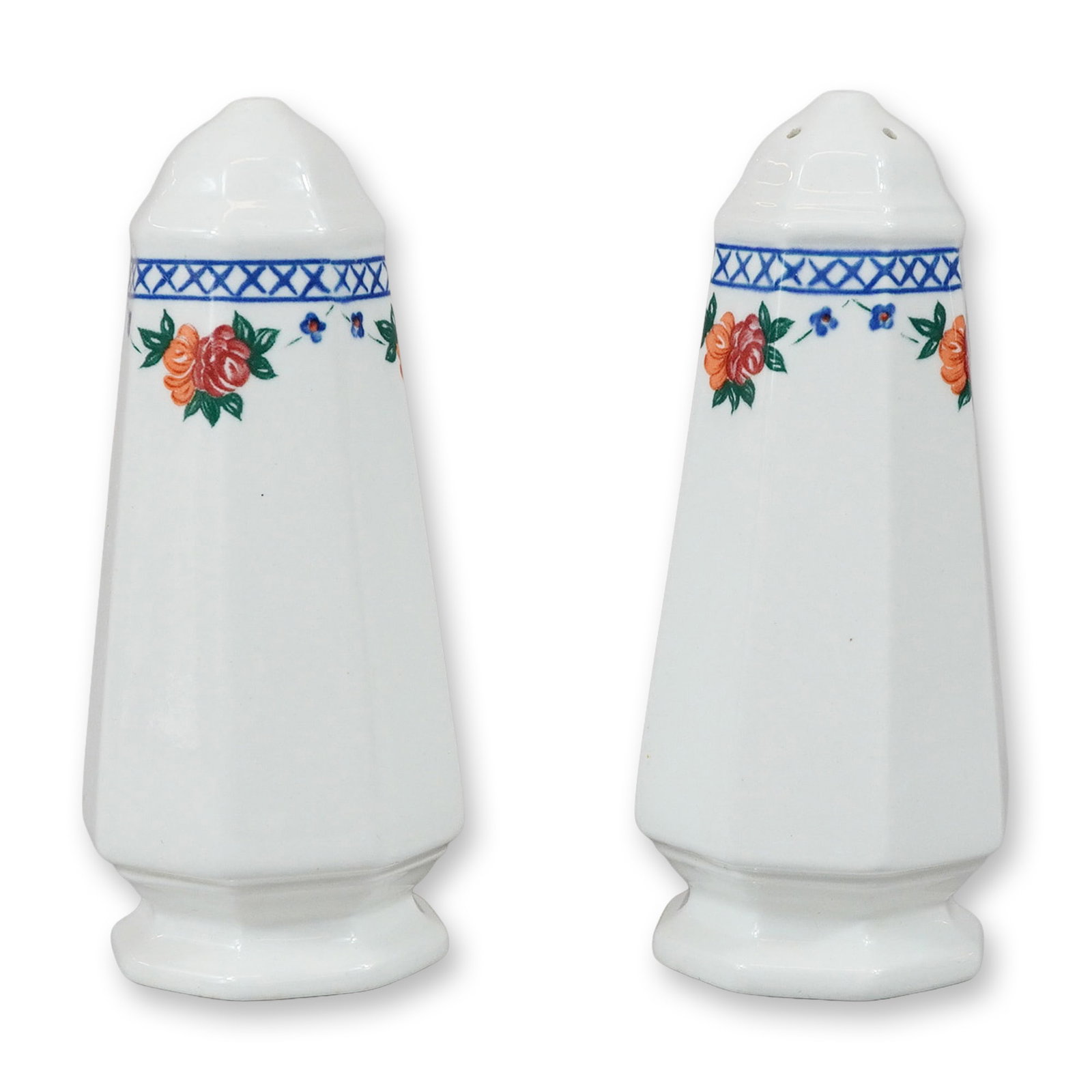 Pair of Wedgwood Etruria Earthenware Salt and Pepper Shakers in the Lancaster Pattern: This pair of fine earthenware salt and pepper shakers is decorated in the Lancaster pattern, produced by Wedgwood. The shakers feature a tapered, octagonal columnar form with a domed top and a stepped