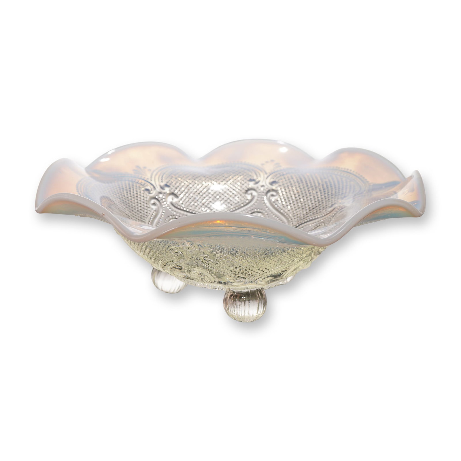 Northwood Glass Lattice Medallions White Opalescent Ruffled Bowl (1 of 3)