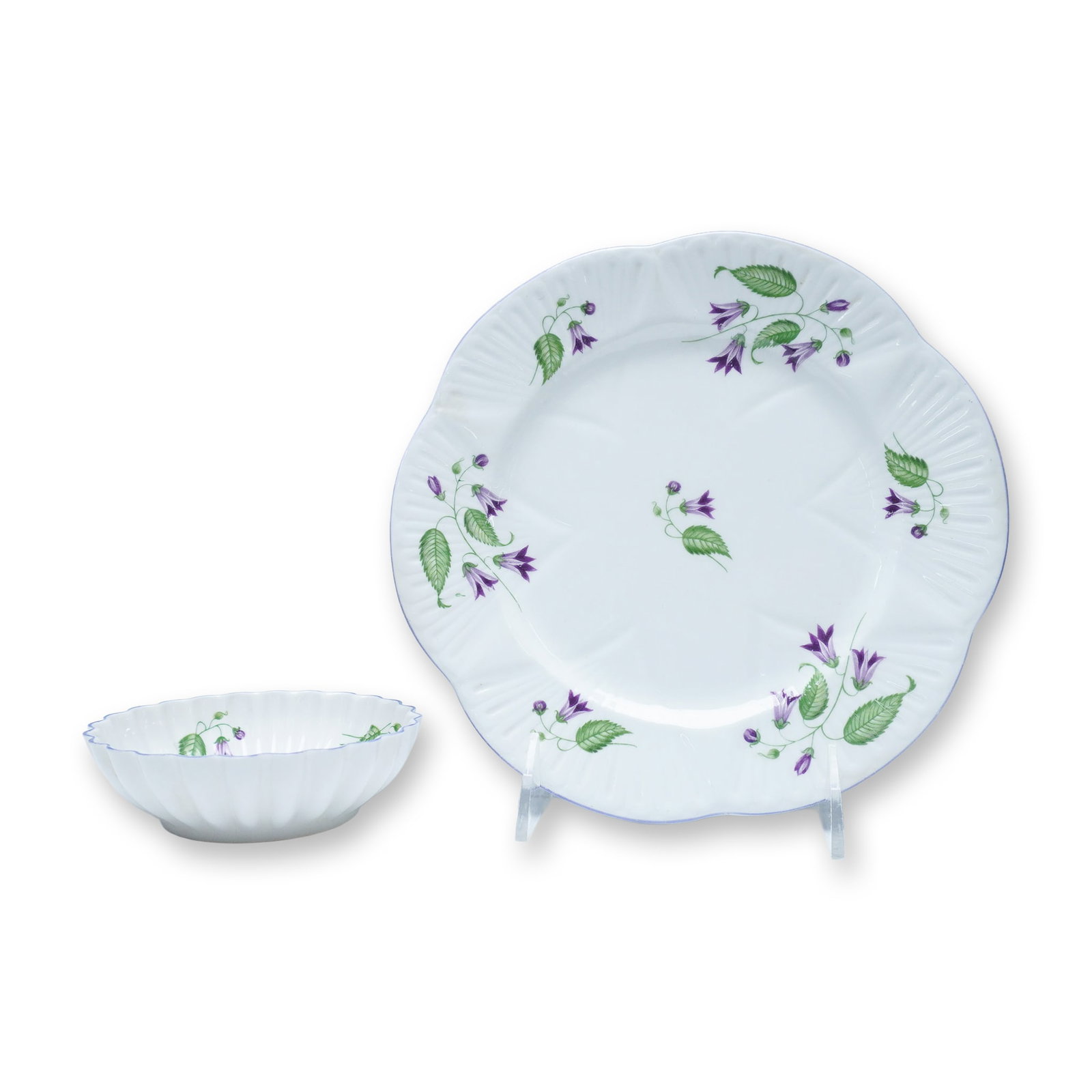Two Piece Shelley Bone China Fruit Bowl and Dessert Plate, Campanula: Delightful two-piece dessert serving set by the renowned English maker Shelley, featuring the elegant "Campanula" pattern. This fine bone china grouping includes a fruit bowl and matching dessert plat