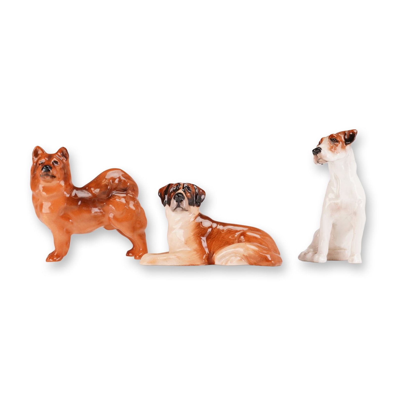 3pc Royal Doulton Dog Figurines, Foxhound, Chow, and St. Bernard: Collection includes Foxhound Seated (K7), Chow (K15), and St. Bernard Lying (K19). Each marked Royal Doulton. Dimensions: Tallest: 2"L x 1.25"W x 2.5"H Manufacturer or Brand: Royal Doulton Country of 