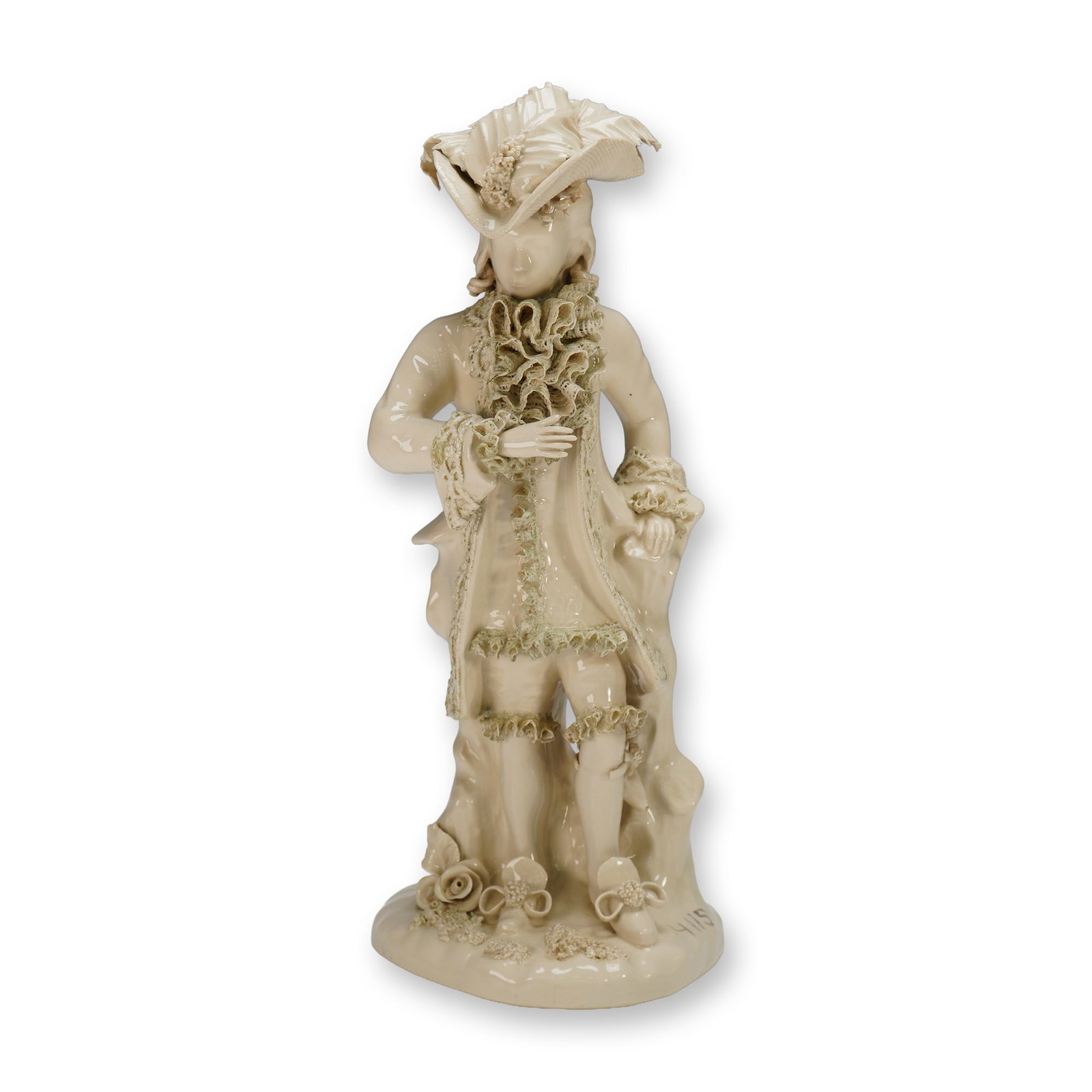 Cordey Bisque Porcelain Figurine, Octavio 4072: This finely crafted porcelain figurine depicts a gentleman in 18th-century attire, adorned with an elaborate feathered hat, ruffled cravat, and lace-trimmed coat. The piece is characterized by Cordeys