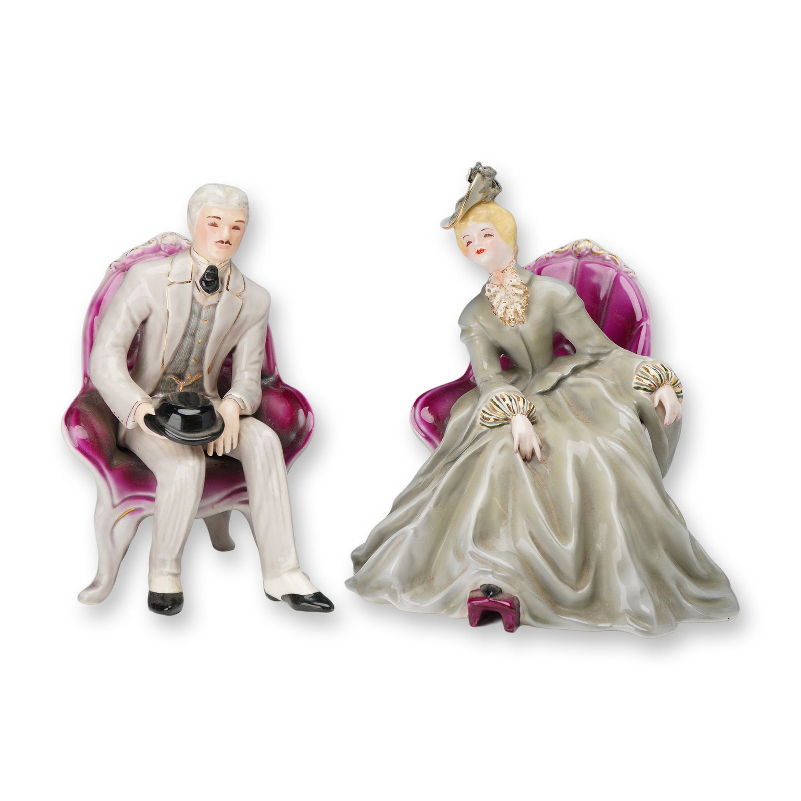 Pair of Florence Ceramics Victorian Gentleman and Lady Seated Figurines, Edward and Mary (1 of 3)
