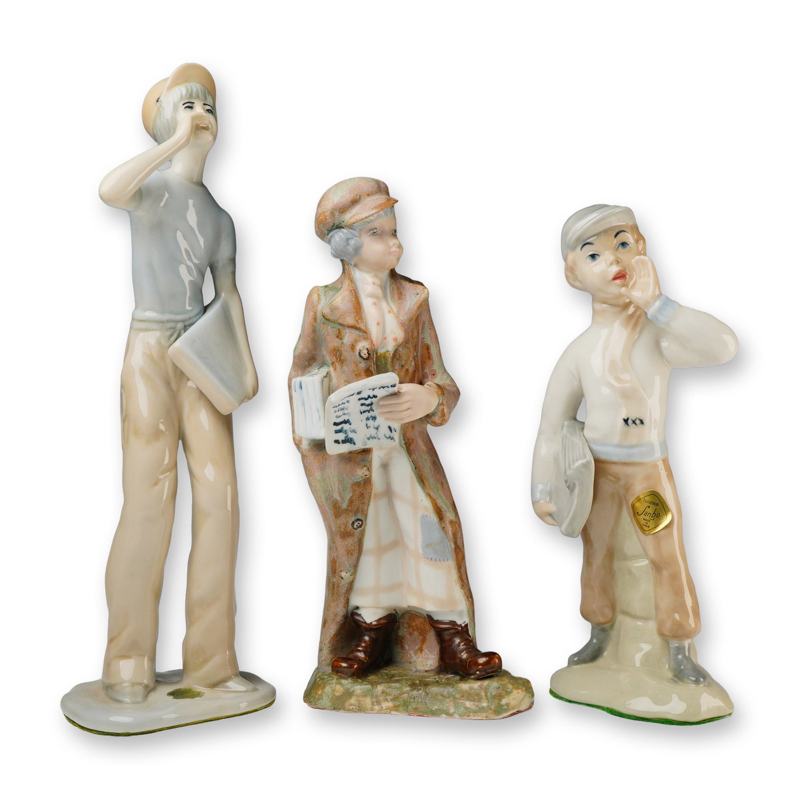 Three Spanish Glazed Porcelain Figural Statuettes of Newspaper Sellers (1 of 6)