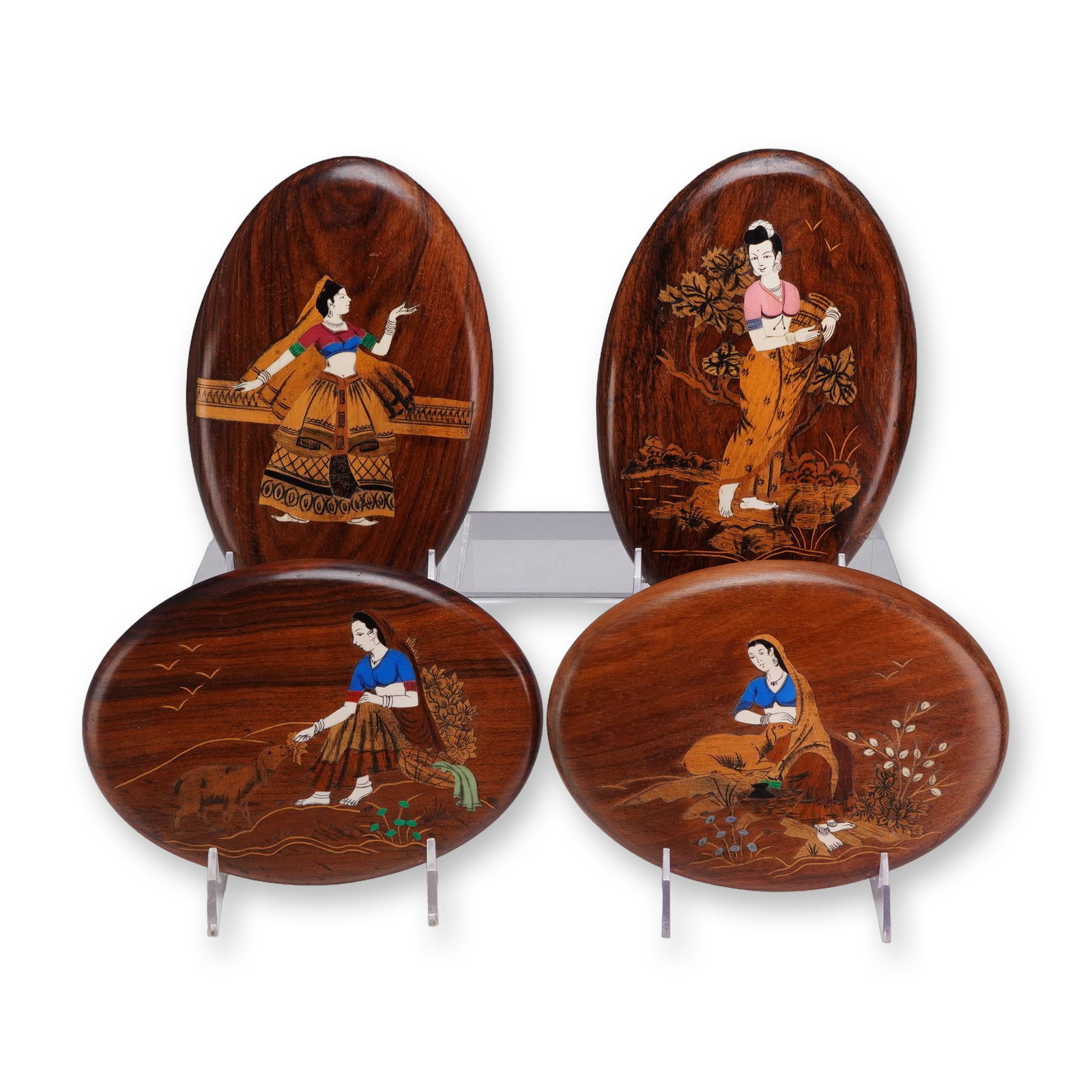 Set of 4 Vintage Indian Wood and Bone Marquetry Inlay Small Oval Plaques (1 of 4)