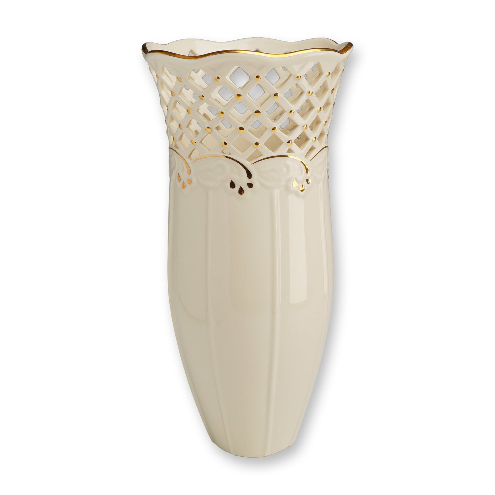 Lenox Porcelain Reticulated Large Vase, Venetian Lace: The vessel features a tall, slender, tapering form with a flared, scalloped rim. The upper section of the body is decorated with an intricate reticulated diamond lattice band. This pierced section is 