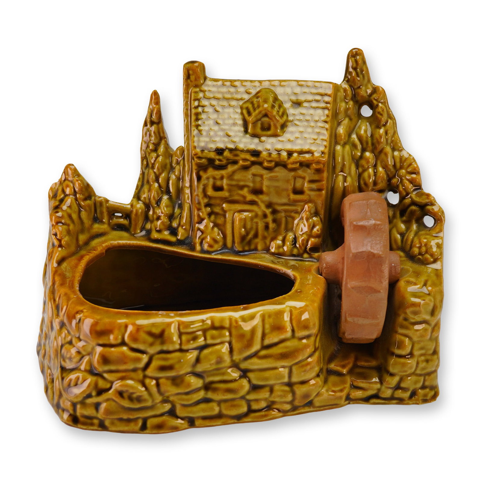 Shawnee Pottery Grist Mill Planter Model 769: A single figural glazed ceramic planter, identified through consensus research as the Shawnee Pottery Grist Mill Planter, model number 769, dating to the mid-20th century, circa 1950s. The earthenware
