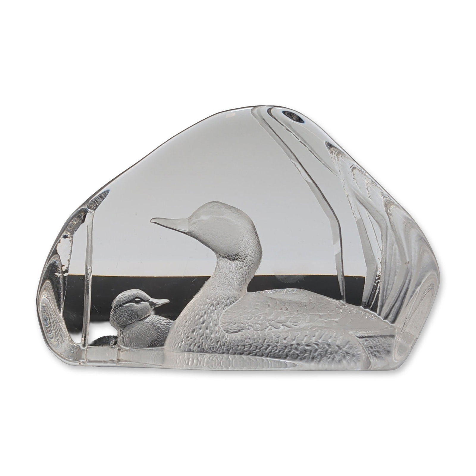 Mats Jonasson Swedish Crystal Ducks Sculpture: Mats Jonasson (Swedish), wildlife sculpture in lead crystal. The piece depicts a duck and chick in an intaglio reverse-etched style within a textured, ice-form block. The front face is polished to a c