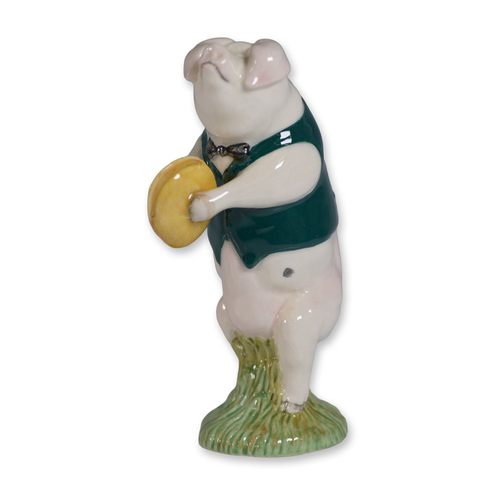 Beswick by Royal Doulton Figurine, George Cymbalist PP10: Charming Beswick by Royal Doulton porcelain figurine titled George Cymbalist, model PP10. This delightful hand-painted piece features a standing pig dressed in a green waistcoat and bow tie, holding a