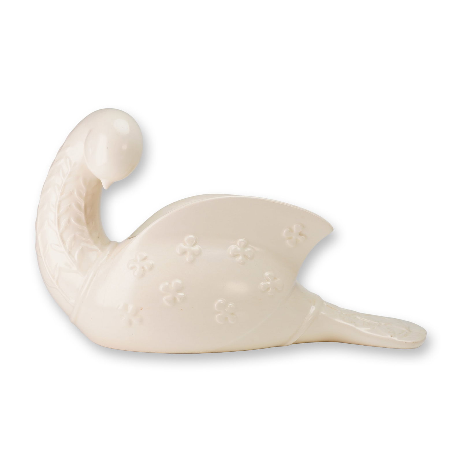 Beswick by Kathi Urbach Porcelain Dove Planter: This glazed ceramic vessel is formed as a stylized bird, often identified as a peace dove, with its head turned back toward a central opening in the upper body. The piece is finished in an off-white o