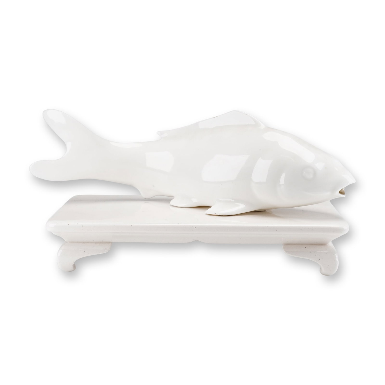 Ardalt Lenwile China White Porcelain Carp Figurine: This is a porcelain white carp figurine and base produced in Japan for Ardalt Artware. Part of the Lenwile China line, the set consists of a stylized koi fish figure and a coordinating rectangular pli