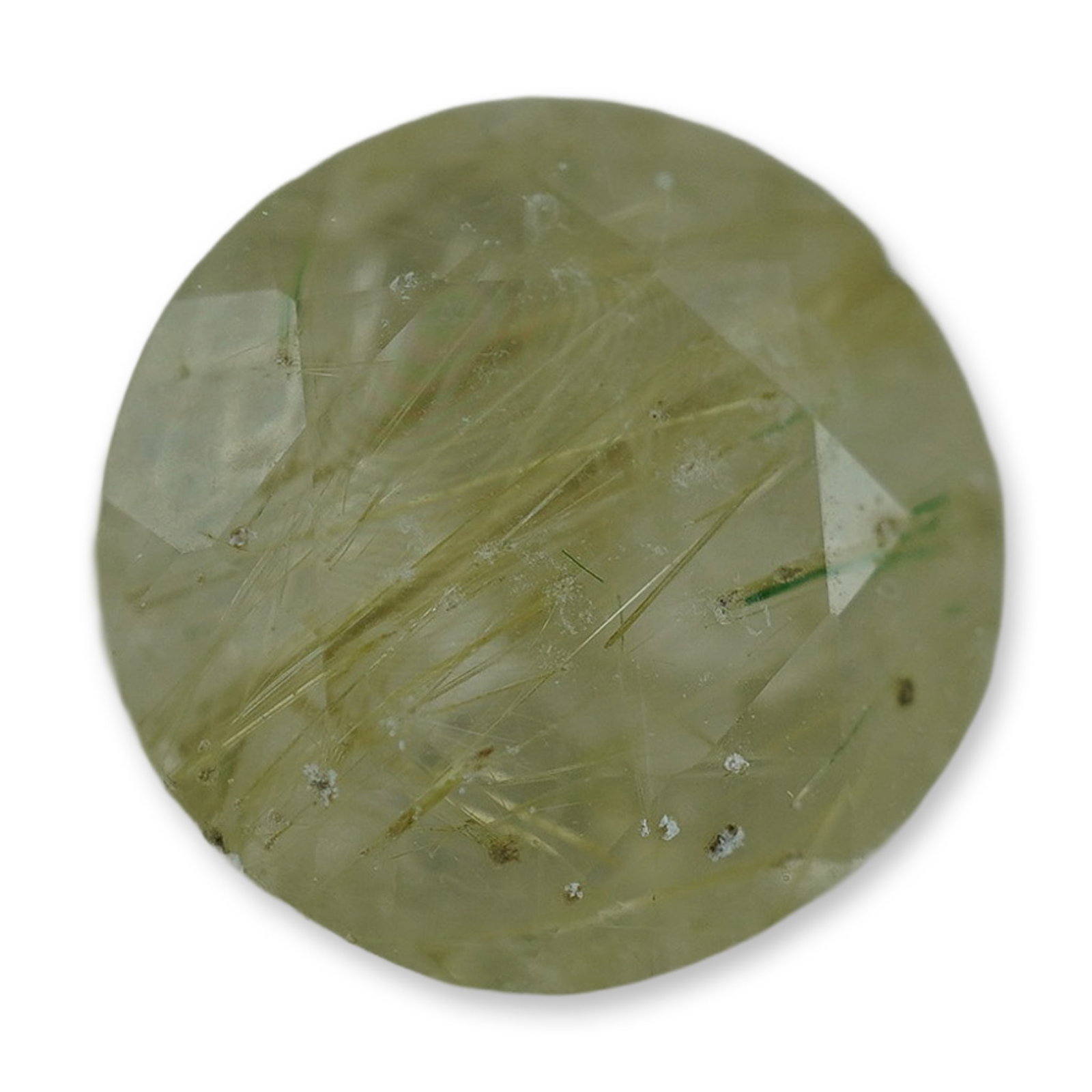 3.35 CT Rutilated Quartz Round Cut Gemstone: Translucent golden-toned rutilated quartz gemstone in a round cut with visible fine rutile inclusions creating a unique internal texture. A natural variety of quartz prized for its golden needle-like 