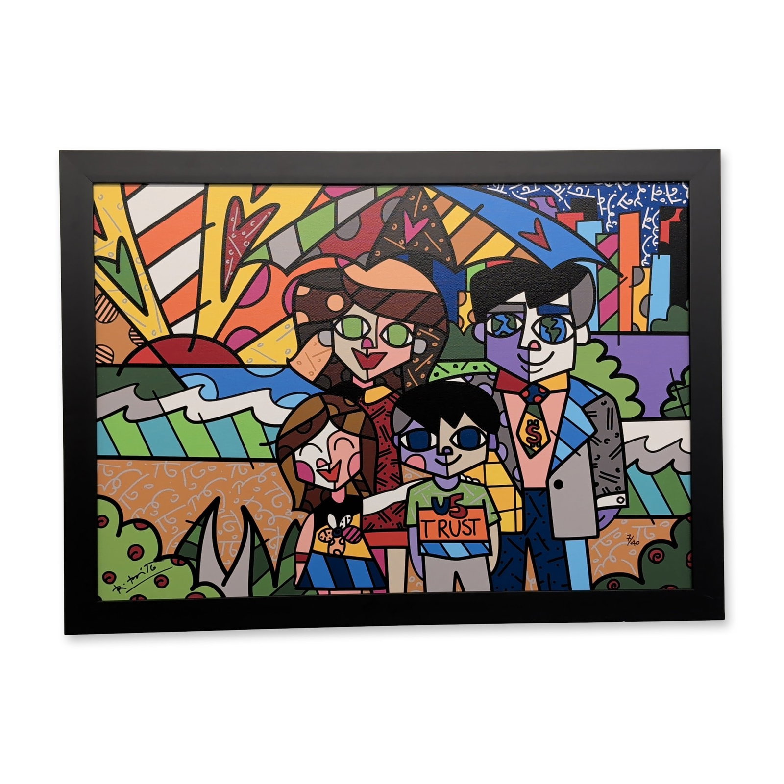 Romero Britto (Brazilian, b. 1963) Framed Giclee on Canvas, U.S. Trust: A limited-edition work from 2007, this example is numbered 7 of 40. Featuring a family of four, the composition showcases Britto's bold Pop-Cubist aesthetic through vibrant color, geometric forms, and