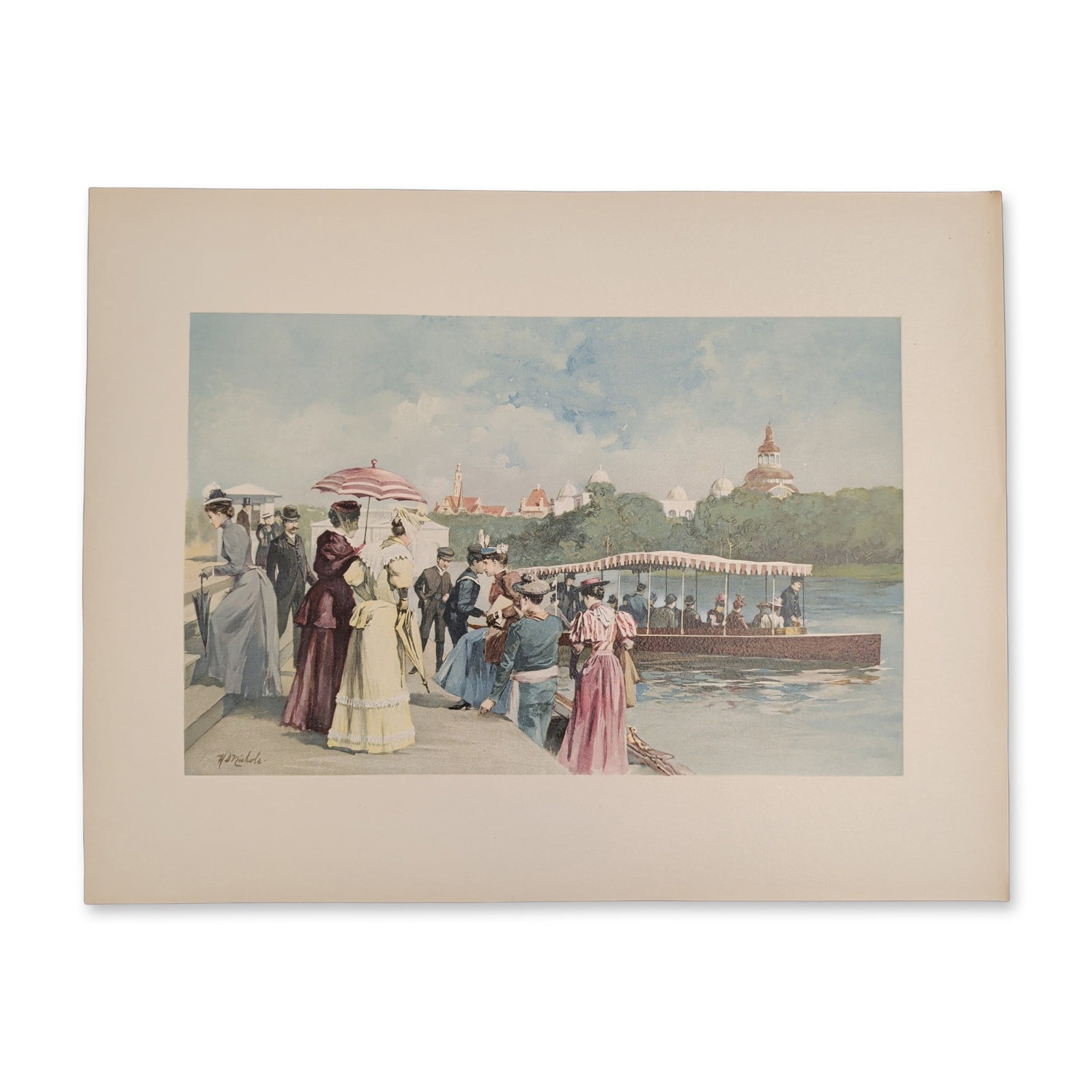 1893 Chicago World Fair Columbian Exposition Chromolithograph on Paper: Harley DeWitt Nichols (H.D. Nichols, 1859??"1939) chromolithograph on paper, titled Gondolas Landing, from the 1893 Chicago World Fair Columbian Exposition. The work features a group of figures gather