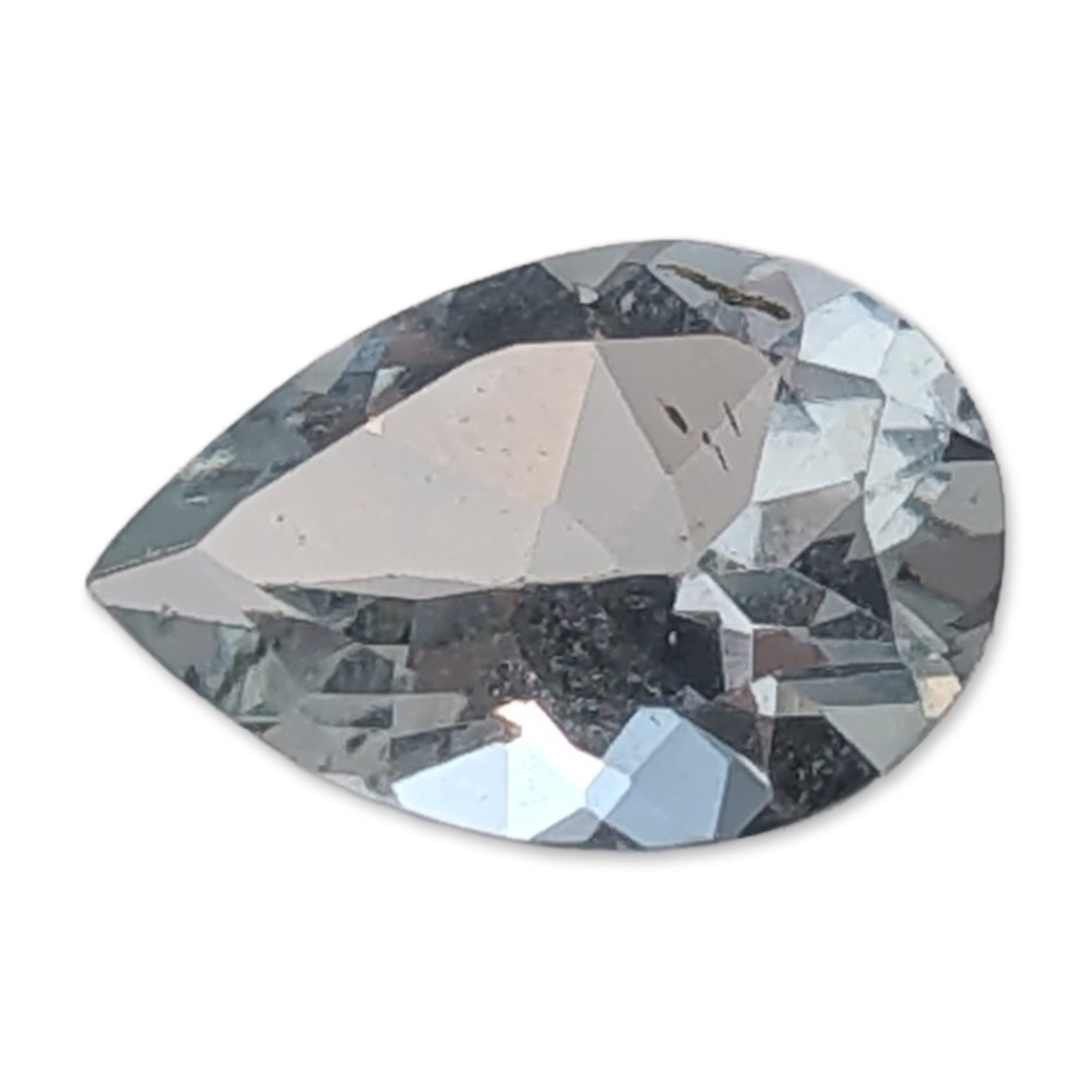 Loose Pear Cut Aquamarine Gemstone: Faceted loose pale blue aquamarine gemstone featuring a pear cut. The stone exhibits visible internal characteristics including small dark inclusions and fine needle-like structures. Tested with
