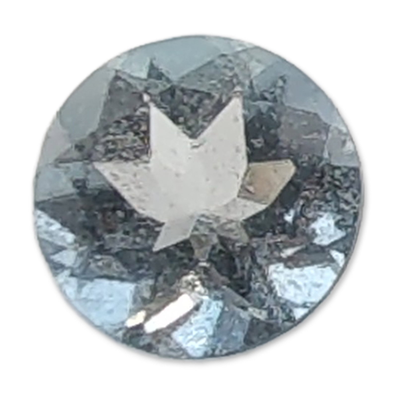 Round Brilliant Cut Aquamarine Gemstone: Loose faceted gemstone featuring a round brilliant cut and exhibits a pale watery blue color. Visual inspection reveals internal inclusions and light surface abrasions on facet edges. Tested with