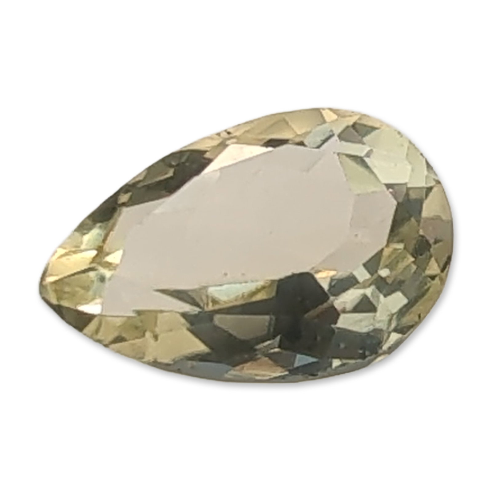 Pear Cut Yellow Beryl Loose Citrine Gemstone: Pear cut loose citrine gemstone. Faceted stone in a pale yellow-green hue, featuring a faceted crown and pavilion exhibiting high transparency and eye-clean clarity. Facet junctions are sharp and well