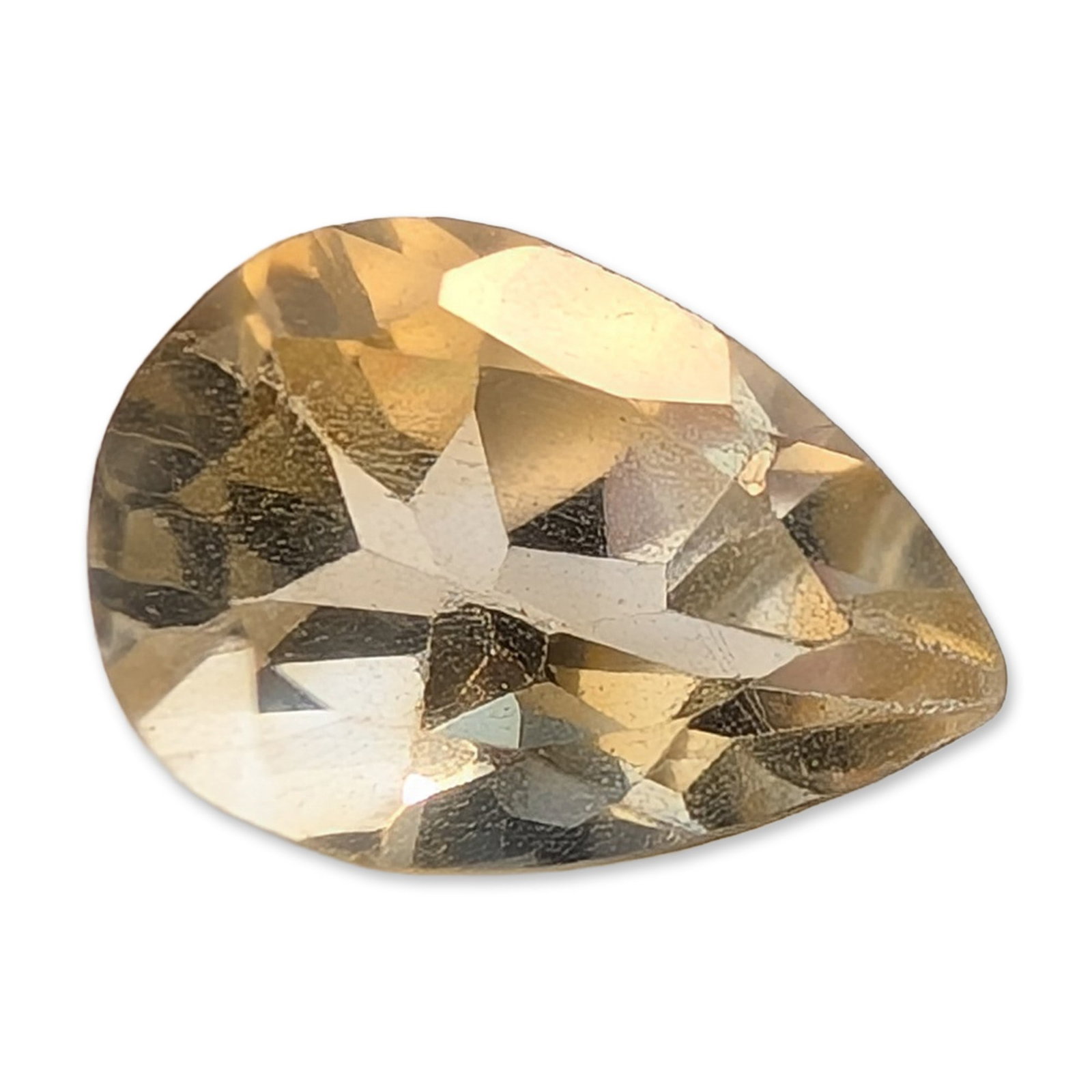 Yellow Pear Cut Faceted Citrine Gemstone: Loose pear brilliant cut citrine stone of light yellow to golden honey hue. Profile views exhibit internal color zoning with a band of deeper yellow saturation running through the center. Facet