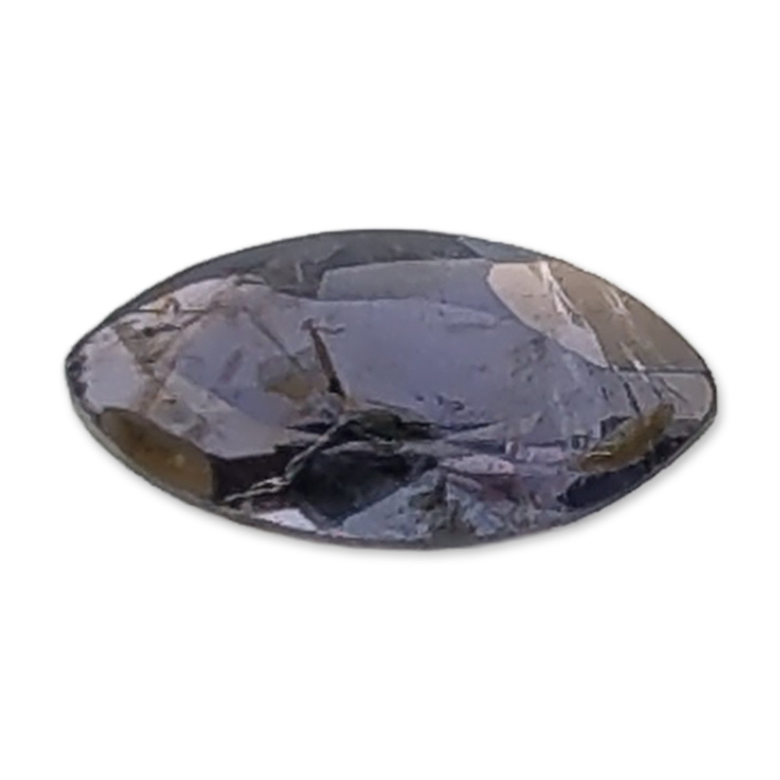 Marquise Cut Iolite Loose Gemstone: Marquise cut loose faceted iolite gemstone. The stone exhibits a dark blue-gray to violet-blue color with prominent internal fractures and yellowish-brown inclusions. Tested with Presidium Gem Tester