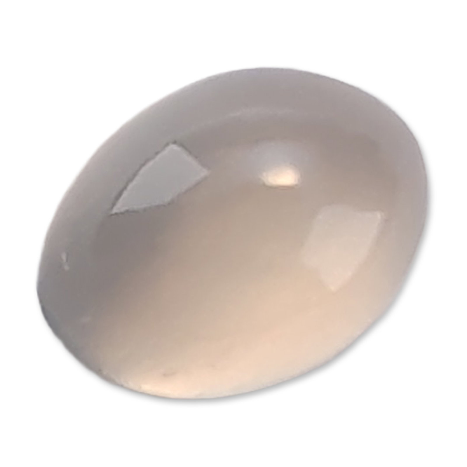 Oval Cabochon Cat's Eye Moonstone Gemstone: Loose moonstone gemstone in an oval cabochon cut. The specimen features a translucent milky white to pale grey body color with a distinct chatoyant cat's eye effect and adularescence. It is shaped