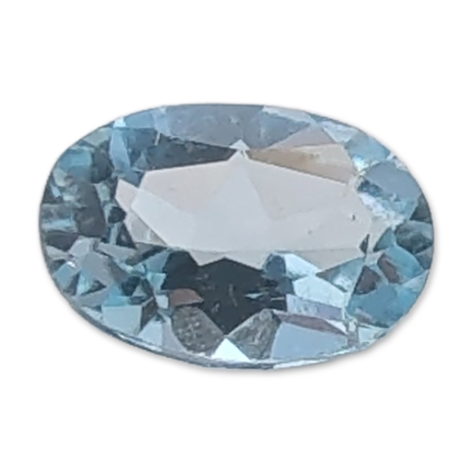 Oval Cut Light Blue Topaz Gemstone: Faceted loose light blue topaz gemstone. The stone features an oval facet cut with a clear, light sky blue color. It exhibits high clarity with no internal inclusions or surface abrasions visible to t