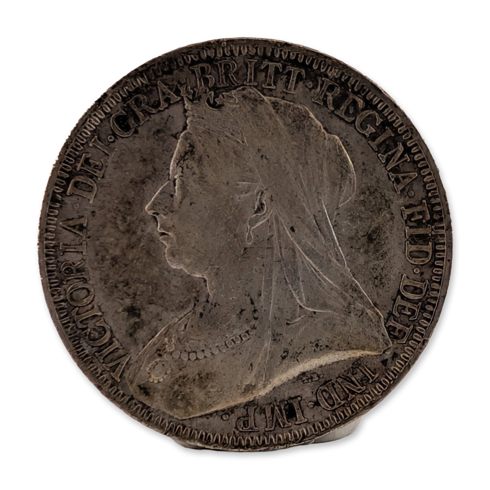 1896 Great Britain One Silver Florin Coin: British Victorian sterling silver one florin coin, dated 1896. The obverse features the Old Head or Veiled Head profile of Queen Victoria facing left, wearing a coronet and veil. The surface is circum