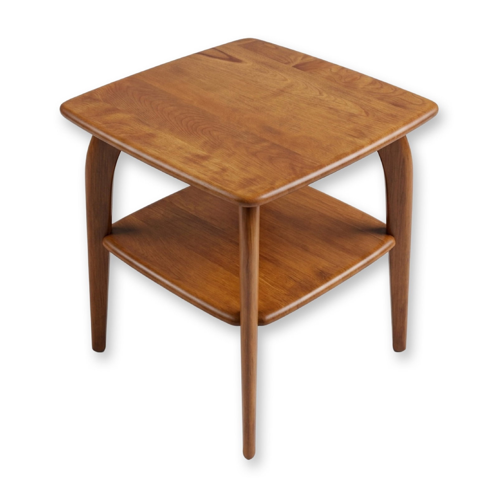 Heywood-Wakefield Champagne Wishbone Two-Tier End Table: A mid-century modern wooden side table featuring a two-tier design with a square top and a matching lower shelf, both finished with rounded corners. The piece is supported by four splayed, tapered