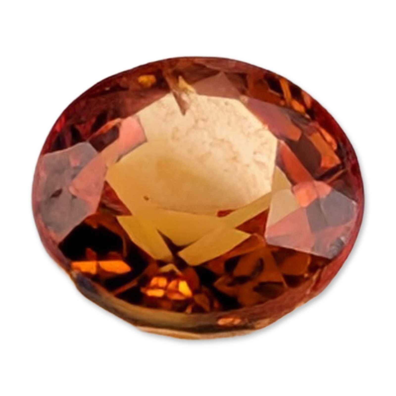 Oval Modified Brilliant Cut Orange Gemstone: Faceted loose gemstone in an oval modified brilliant cut, featuring a saturated yellowish-orange hue. The specimen appears to be an orange sapphire or spessartine garnet based on visual