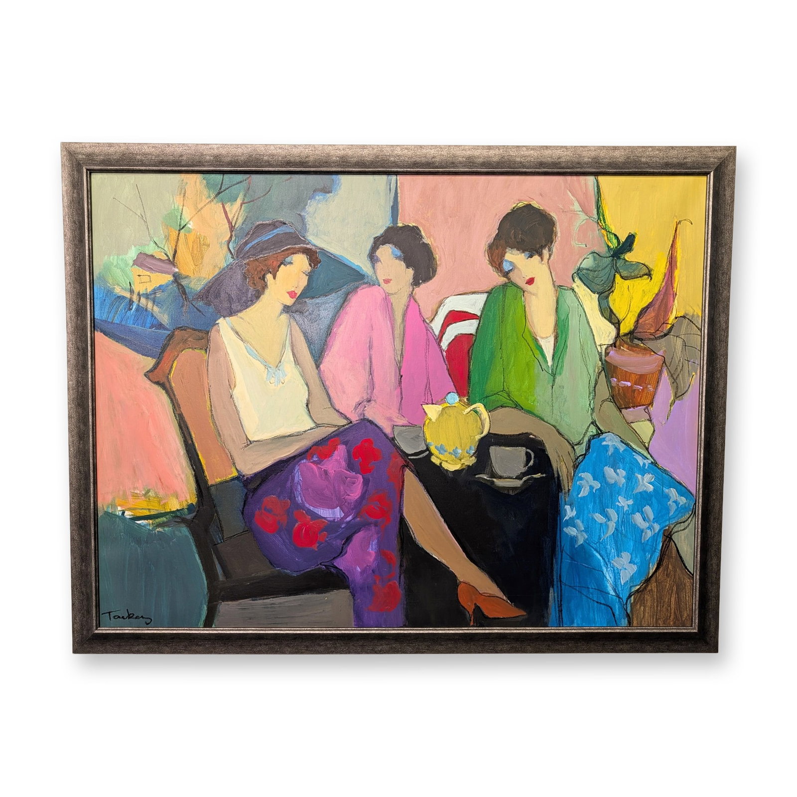 Itzchak Tarkay (Israeli, 1935-2012), Exhibition Scale Oil on Canvas, Three Women at Tea, Signed (1 of 12)