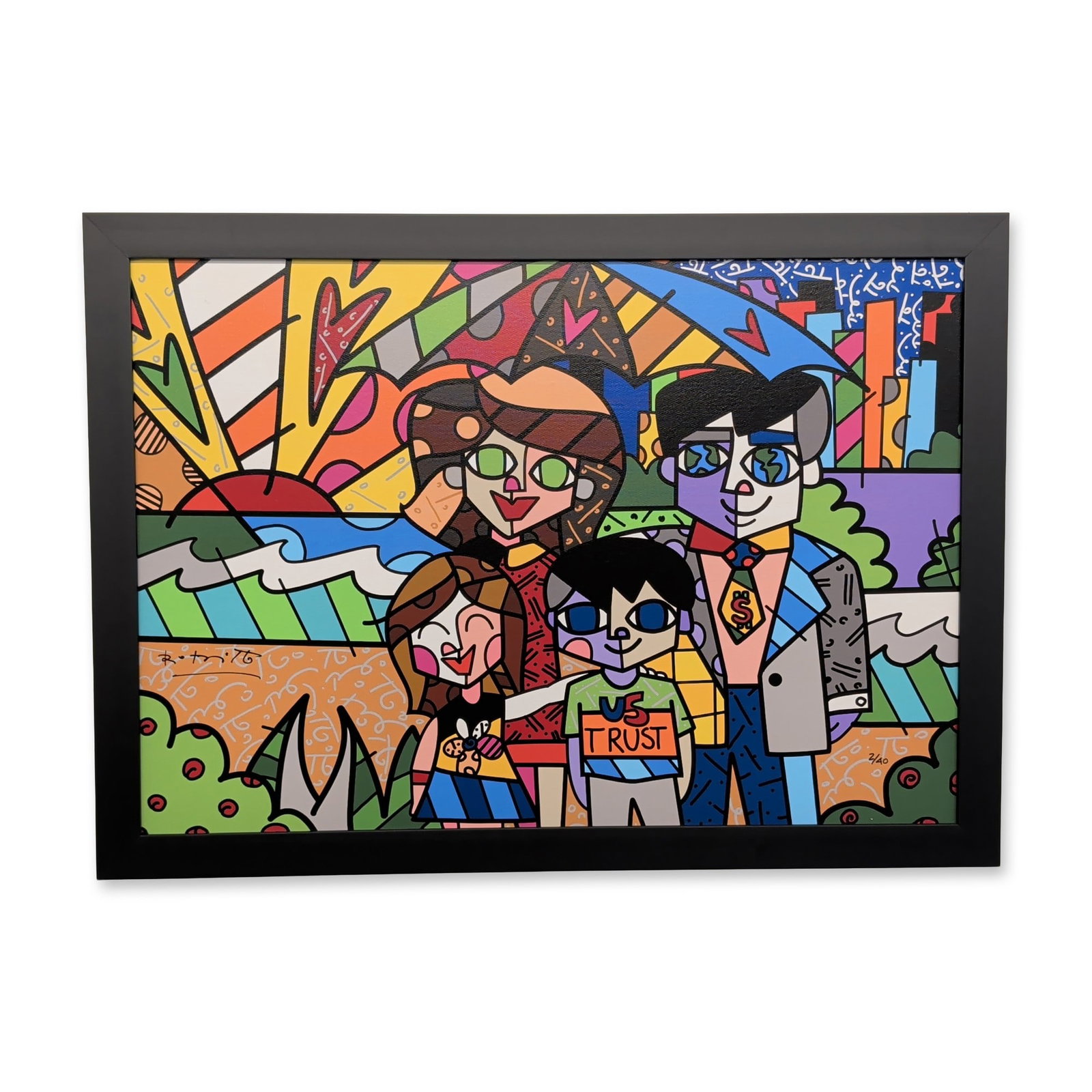 Romero Britto (Brazilian, b. 1963) Framed Giclee on Canvas, U.S. Trust: 2007, limited edition 2 of 40. The composition features a family of four in a pop-cubist style against a vibrant background including a sunrise and a modern cityscape. This piece was published by Brit