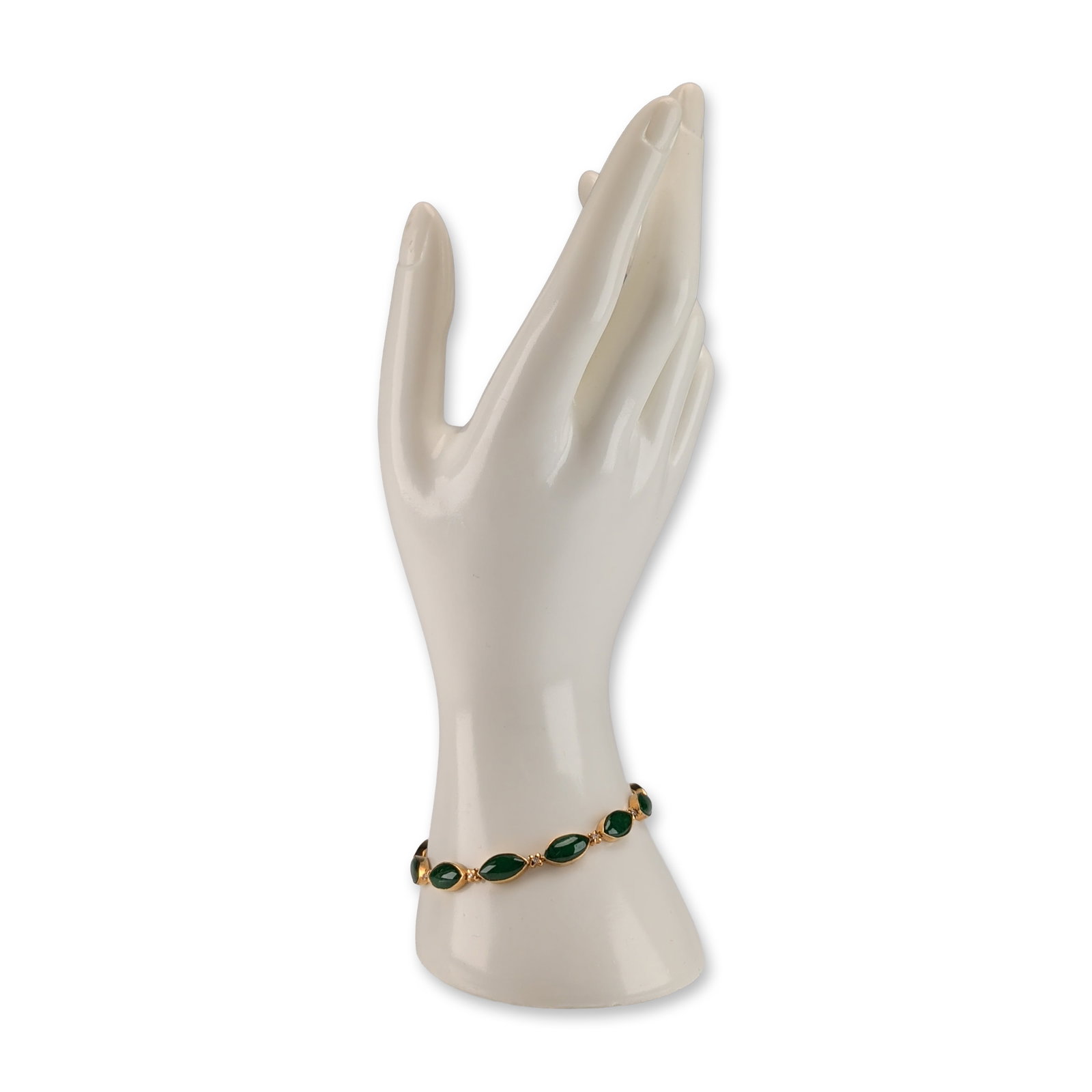 14K Yellow Gold Green Jade and Diamond Bracelet: Contemporary gold link bracelet featuring eight marquise-cut green jade cabochons set in bezels. The links are interspersed with seven small round brilliant-cut diamonds. The piece is finished with a 