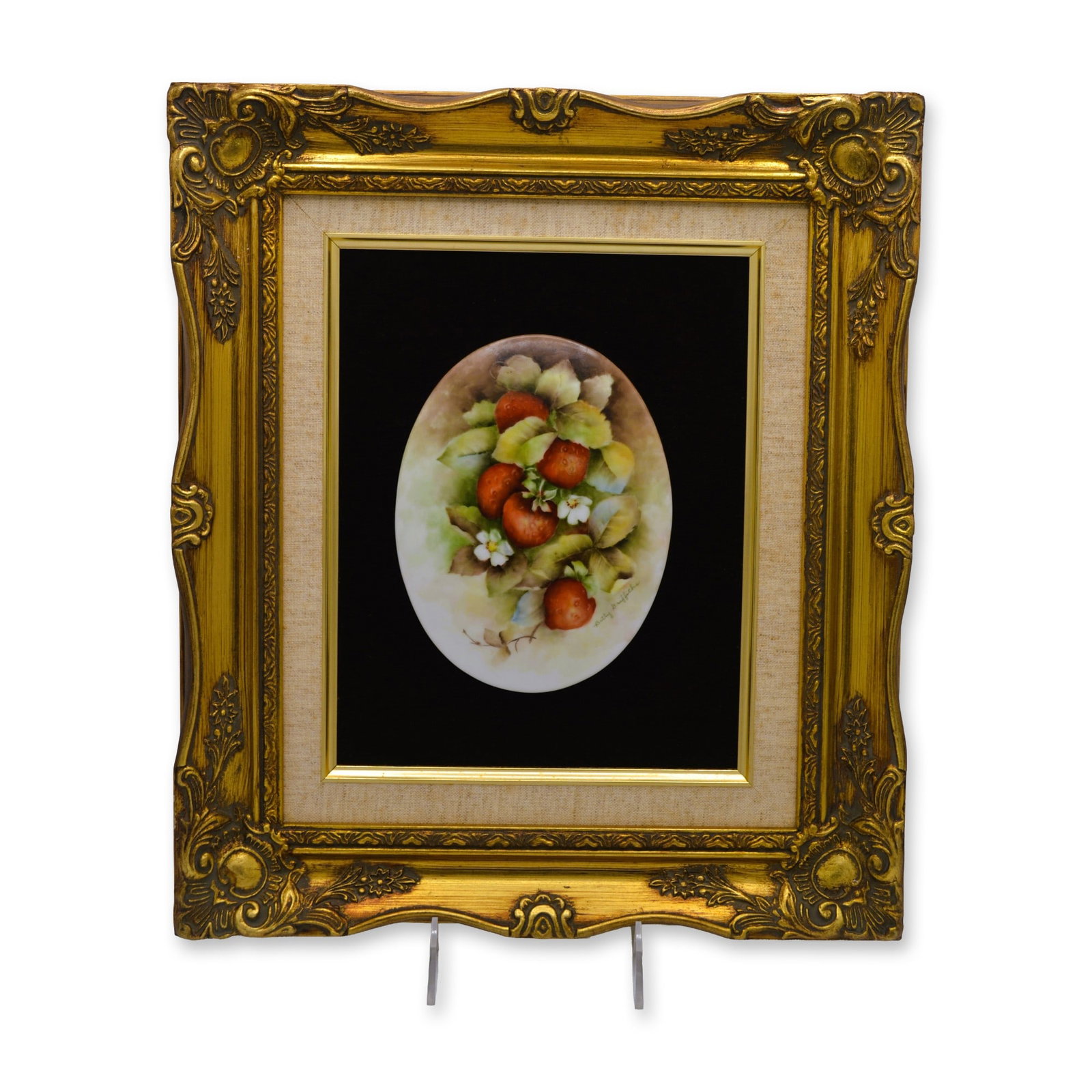 B. Griffiths Original Painting on Porcelain, The Red Strawberries, Signed, Gold Leaf Frame, Museum: Betty Griffiths, Celebrated Artist from England who painted for Connoisseur of Malvern presents "The Red Strawberries." An Original, hand painted on English Fine Bone China, oval shaped porcelain reli