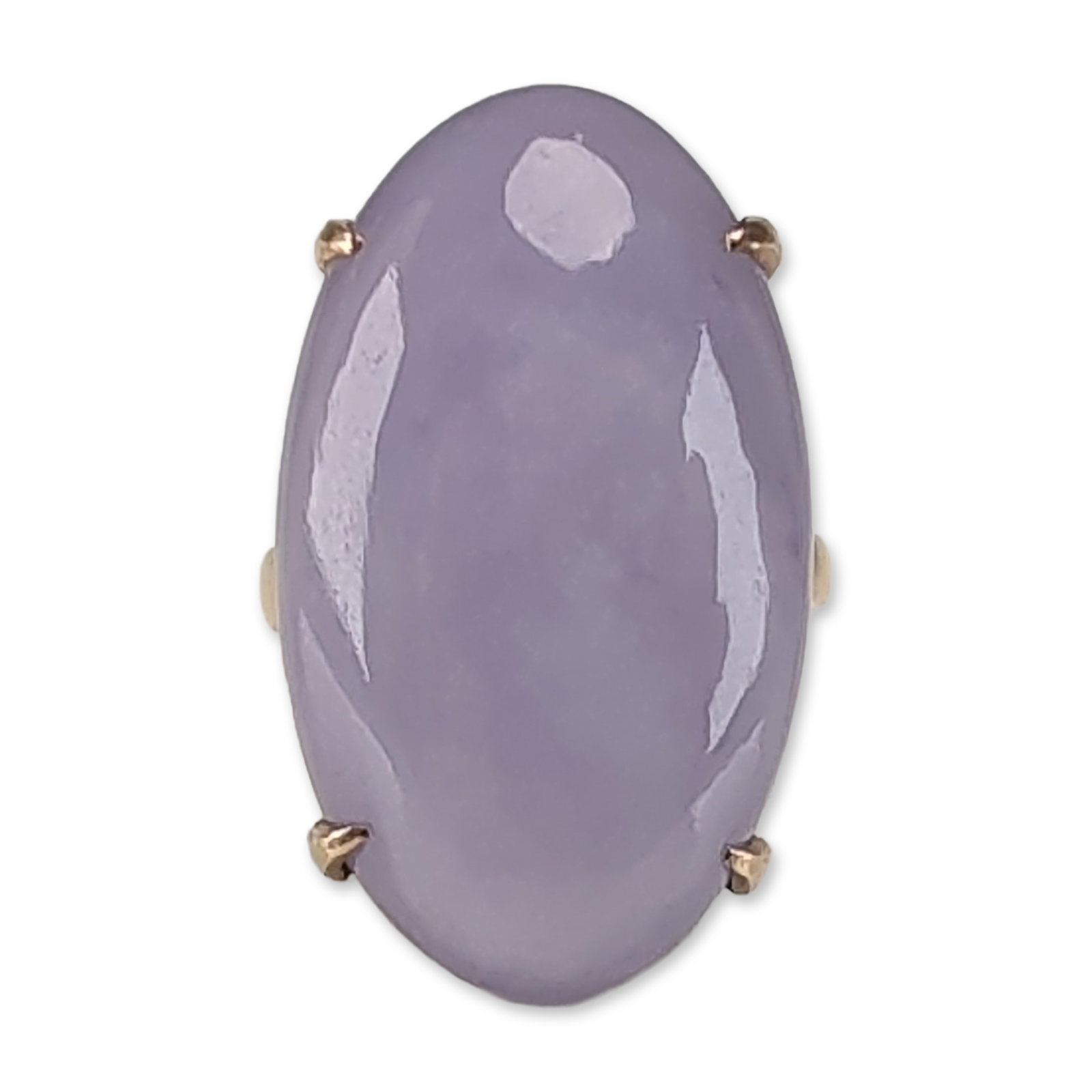 14K Rose Gold Lavender Jade Cabochon Cocktail Ring: Contemporary 14k rose gold lavender jade cocktail ring, featuring a large oval cabochon center stone with characteristic light purple mottling and translucent quality. The jade is secured by four pron