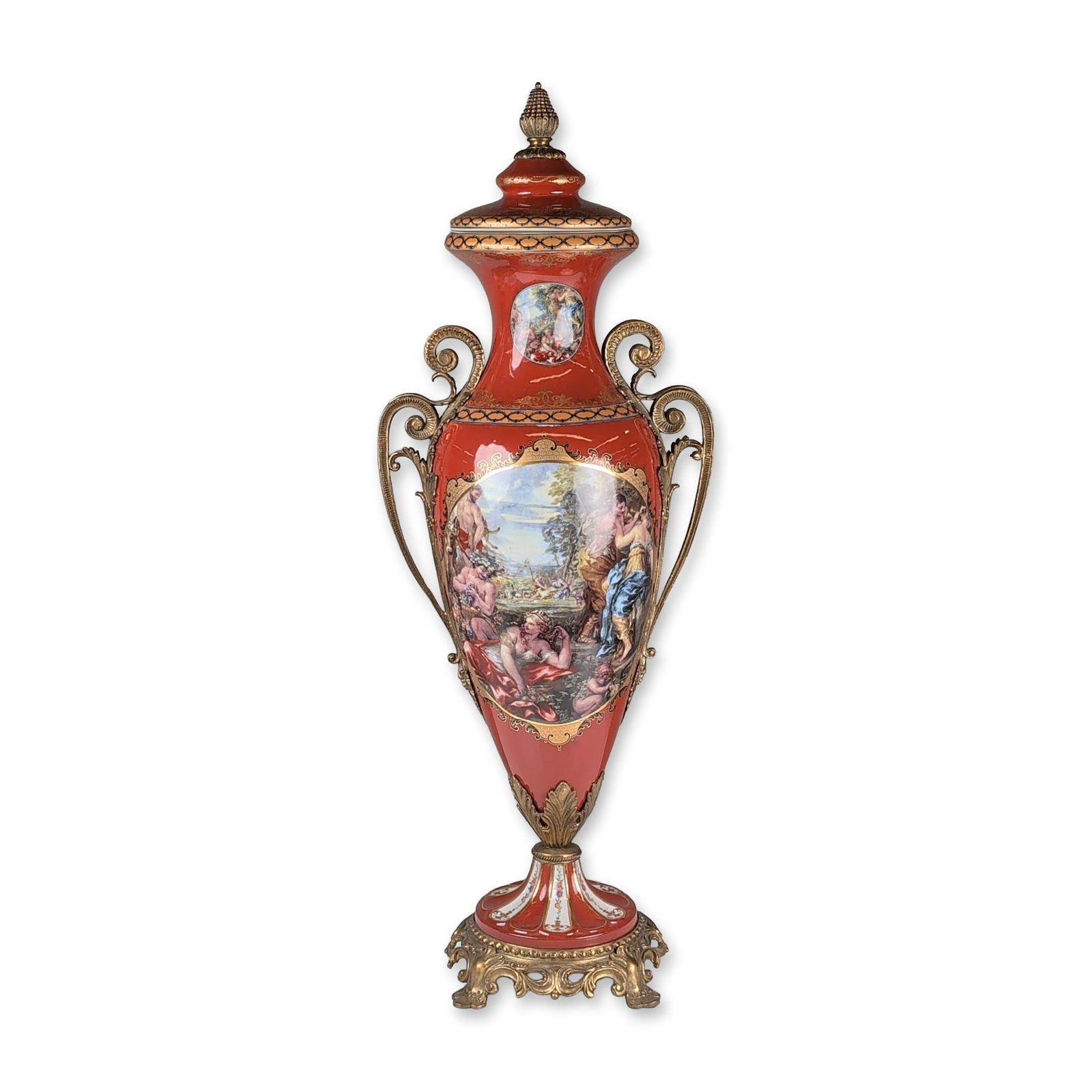 French Style Gilt Metal Mounted Red Porcelain Covered Urn (1 of 6)