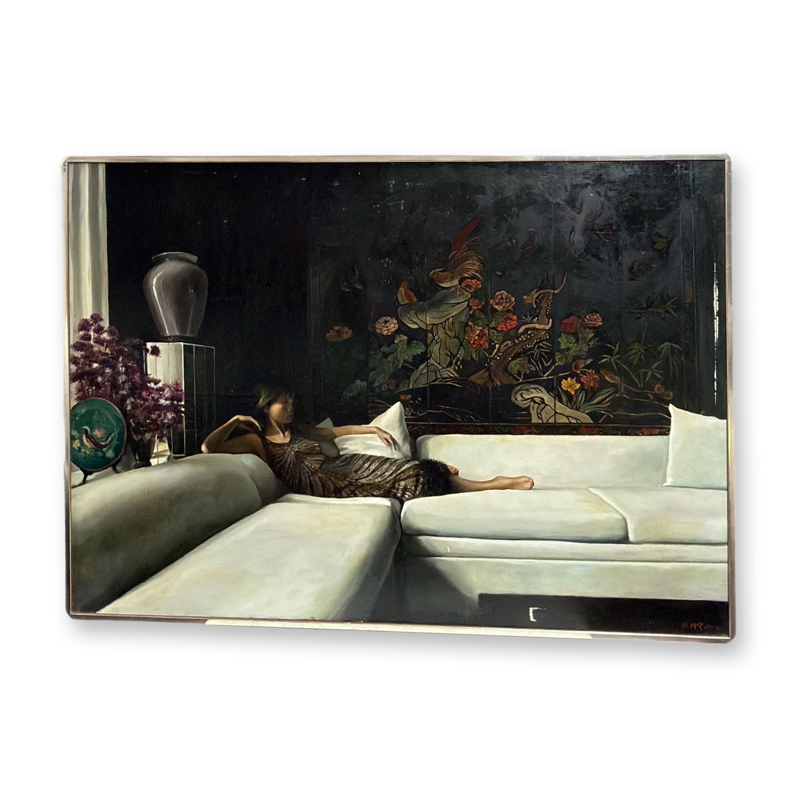 Harry McCormick (American, b. 1942), Jade in Spider Dress, 1982, Oil on Canvas: This oil on canvas painting by American artist Harry McCormick (born 1942) is titled Jade in Spider Dress. Executed in a contemporary realist style, the work depicts a woman reclining on a modern whit