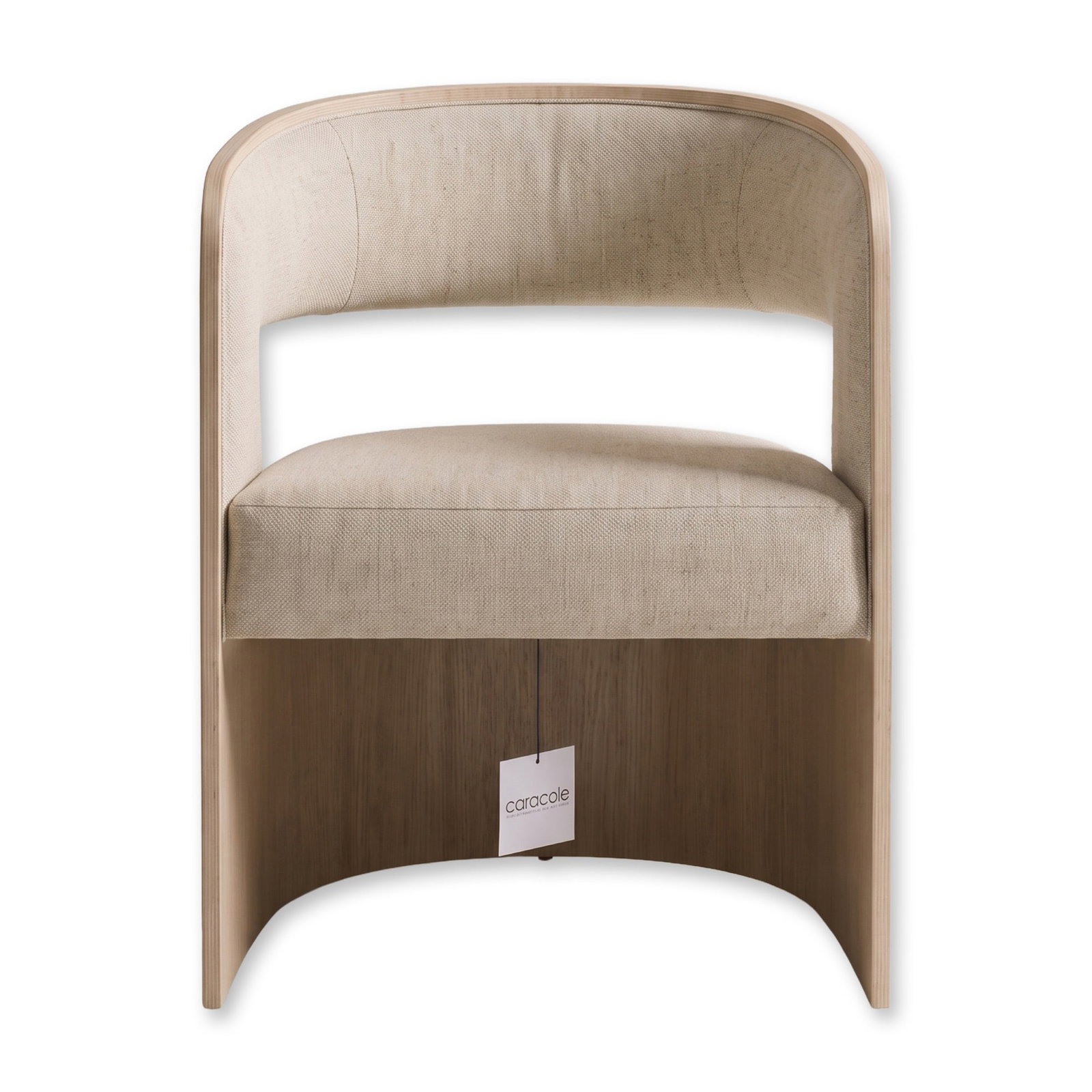 Caracole Barrel-Back Curved Wood Frame and Upholstered Seat Balance Chair: Caracole Contemporary "Balance" accent chair featuring a curved C-form frame in a Sun Drenched Oak finish. Designed with a barrel-form back incorporating a horizontal open section, and a thick rounded