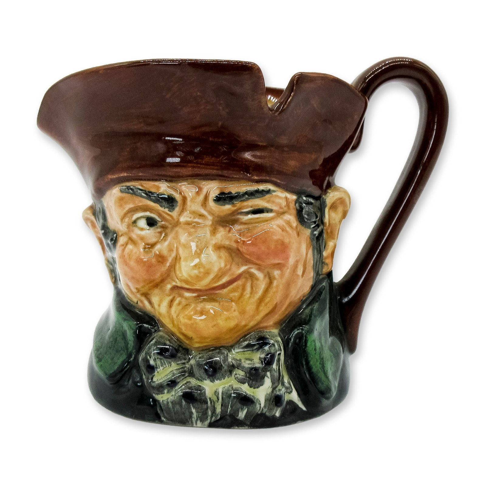 Old Charley D5527 - Small - Royal Doulton Character Jug: Brown hat; dark green coat; blue polka- dot bow tie. " Ten o'clock and all's well" was the familiar call of the Charlies, watchmen who originated during the reign of Charles II and were named after hi