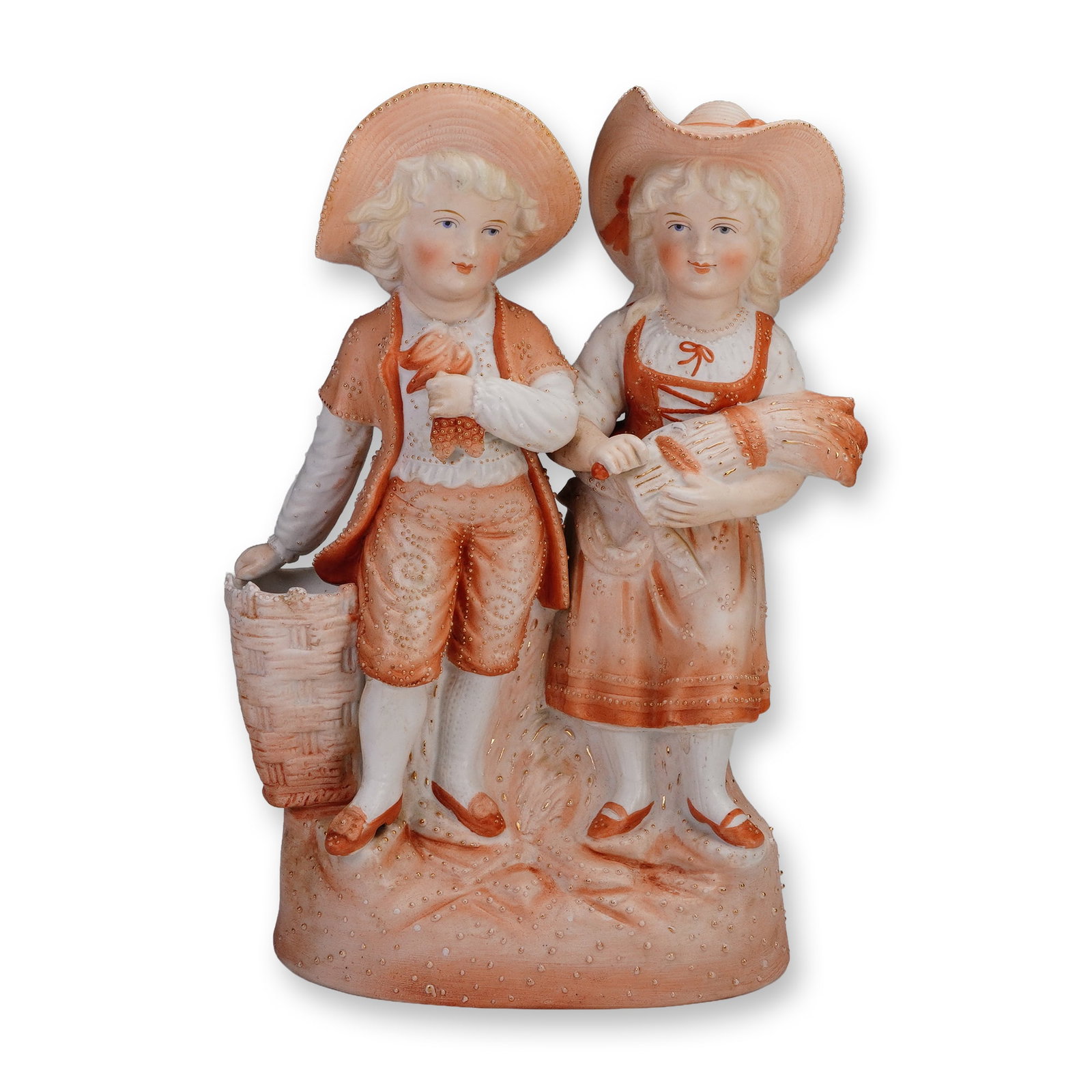 German Porcelain Rural Boy and Girl Figurine: Modeled in a matte porcelain finish, with a warm terracotta toned color wash. Continental figural sculpture portrays a young boy and girl dressed in stylized rural attire. The pair stands side by side