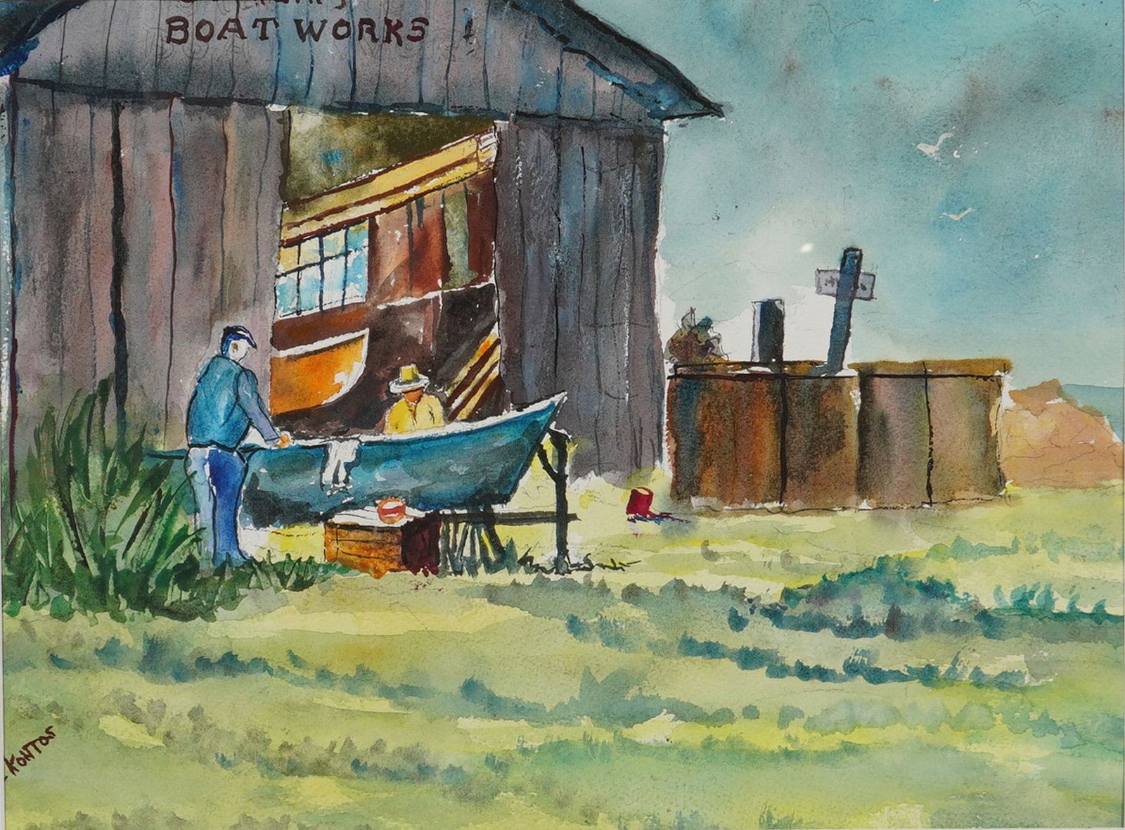 An Original Watercolor Painting of a Boat Yard, Signed Kontos: This original watercolor painting on paper depicts a maritime boat yard scene. The composition features a weathered wooden building with the inscription BOAT WORKS on the facade. In the foreground, tw