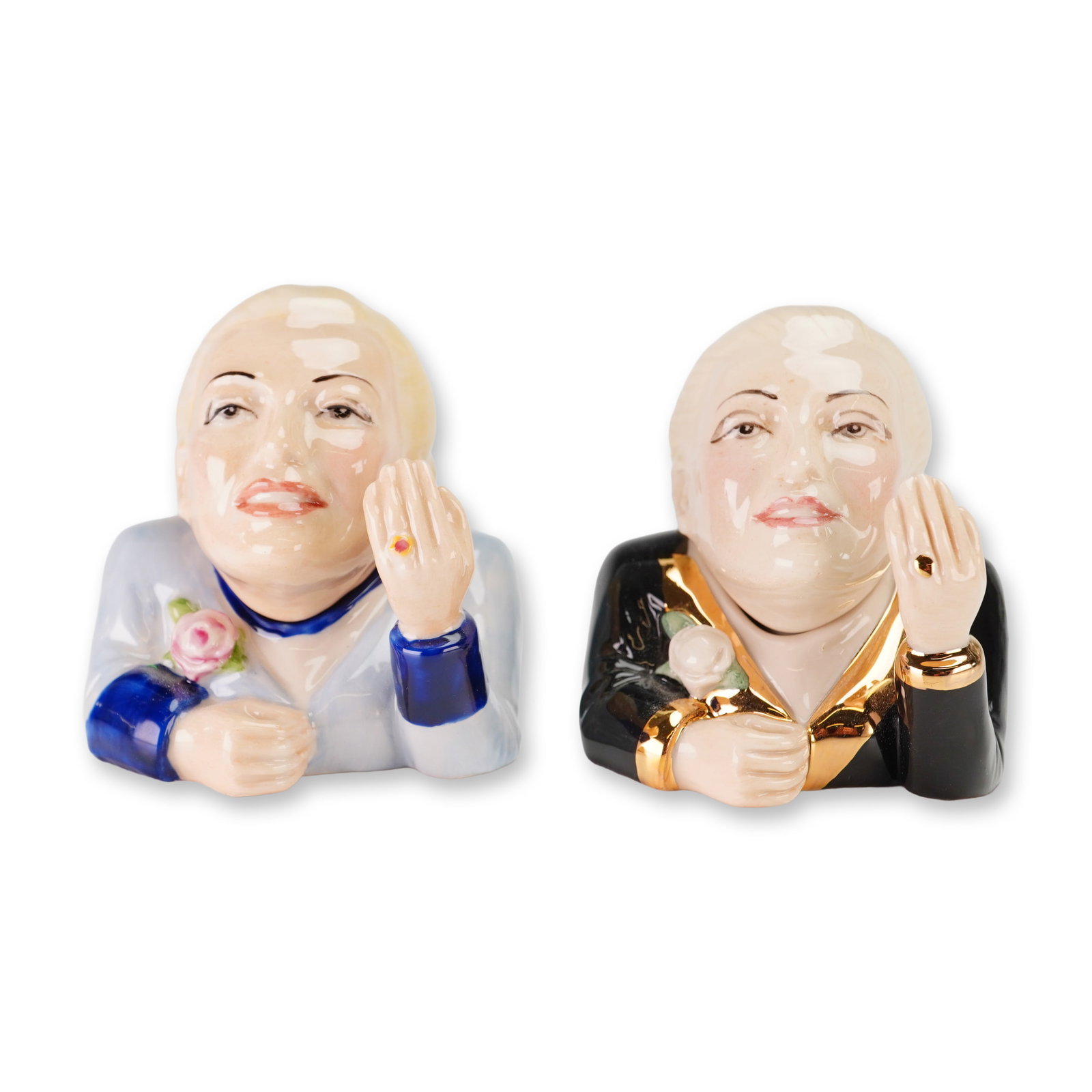 2pc Kevin Francis Eva Peron Face Pots, Evita and Prototype Evita: A pair of hand-painted glazed ceramic Face Pots by Kevin Francis, depicting the Argentinian figure Eva Peron. Each collectible vessel is composed of a removable lid in the form of a head and a base