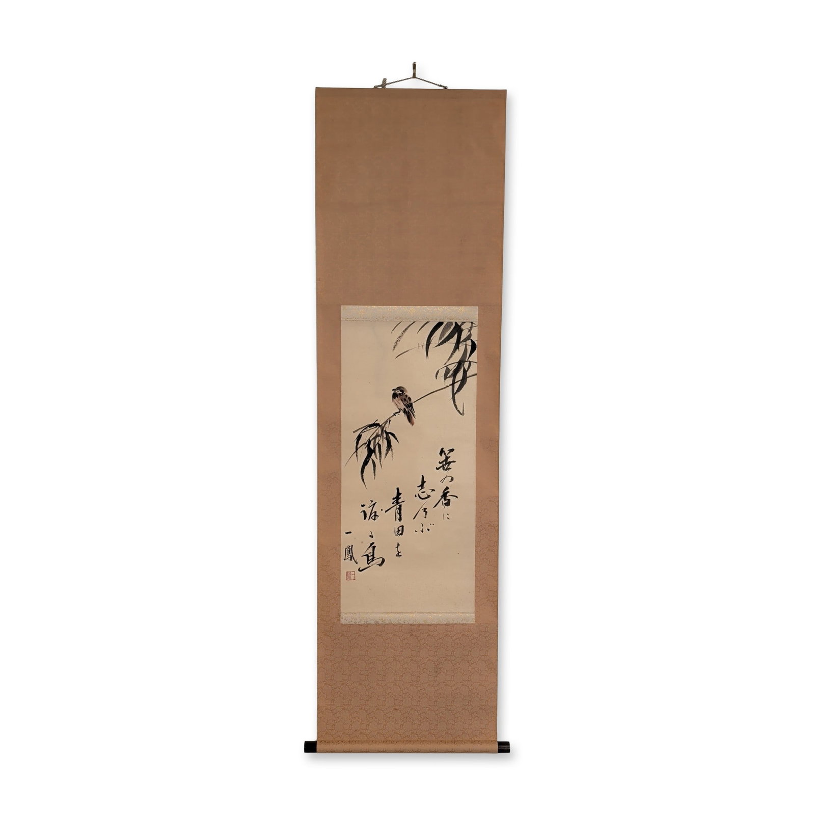 Japanese Ink and Washes on Paper Hanging Scroll, Sparrow and Willow, Signed w/ Seal: Japanese hanging scroll in ink and light color washes on paper featuring a sparrow perched on a drooping bamboo branch. The right side of the composition contains several columns of Japanese calligrap