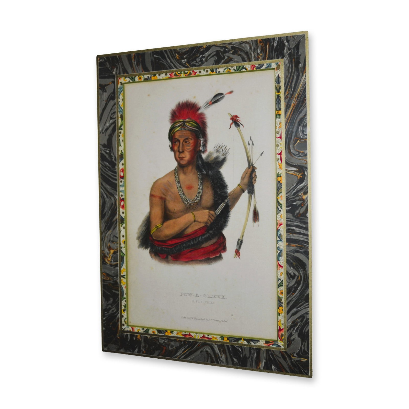 McKenney & Hall Pow-A-Sheek, A Fox Chief, Original, W/Frame, 1842-1844: Hand-Colored Engraving, McKenney Hall, Fox Chief, "Pow-A-Sheek." J.T. Bowen, Phila, PA. Circa: 1842-1844. Museum Matted, with a Custom Frame. This historic folio, Native American engraving is from