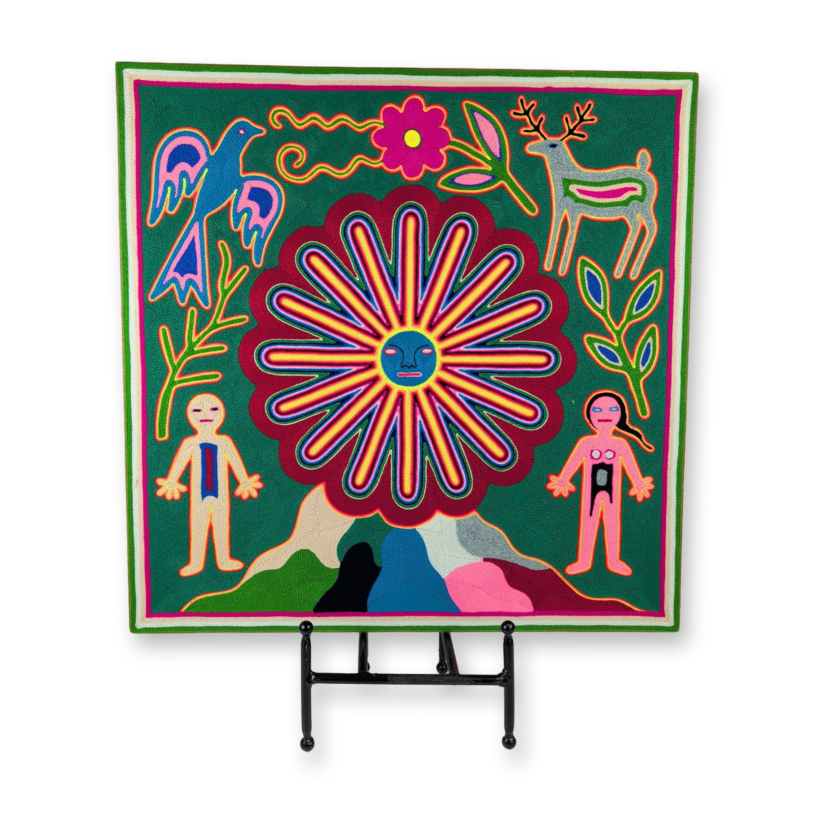 Antonio Lopez Pinedo Huichol Shamanic Sun Nierika Yarn Painting: Mexican Wixarika yarn painting, signed on the reverse by Antonio Lopez Pinedo under the name "Uweme" and inscribed "Cuadro #81." The composition depicts a central stylized sun disk with radiating