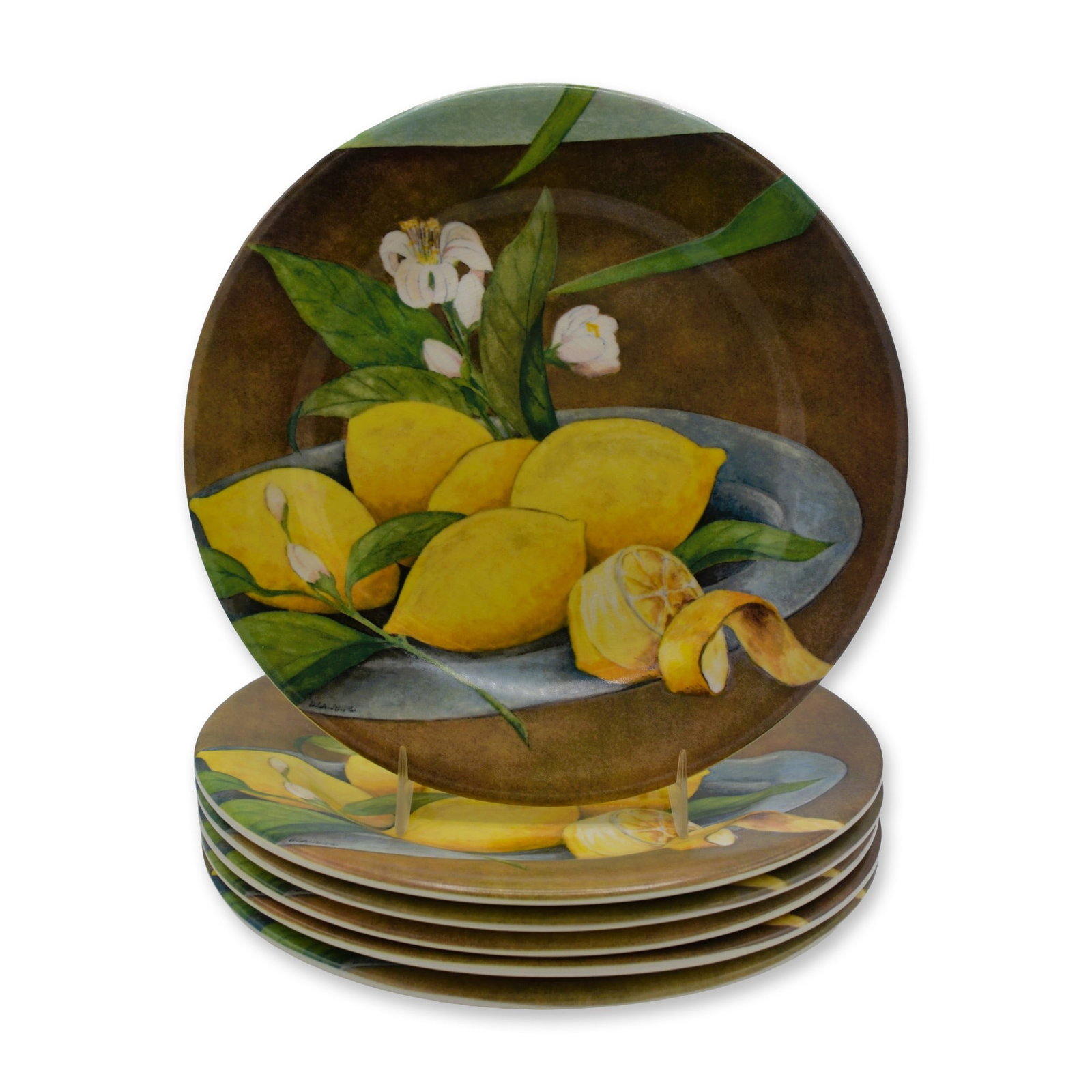 6Pc Gien Les Citrons Porcelain Dessert Plates, D. L. Garanti, Signed: Porcelain Glazed Decorated, Signed and Created by Artist D. L. Garanti, Gien, France, a Six (6) Piece Set of Dessert or Salad Plates entitled "Les Citrons." Signed on the lower left corner, D.L.