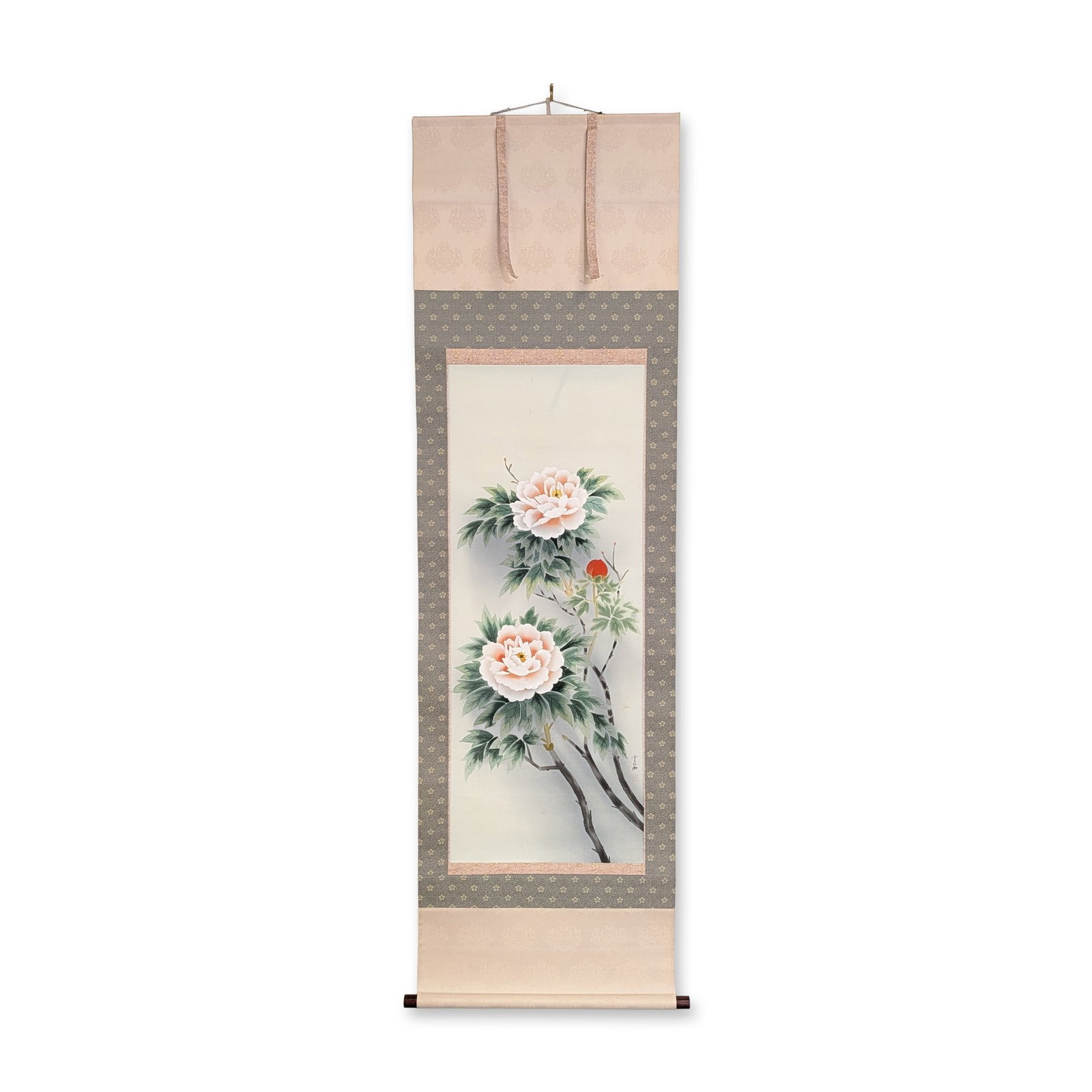 Japanese Showa Period, Ink and Pigments on Silk Hanging Scroll, Peonies, Signed: Japanese Showa period hanging scroll in ink and color on silk, depicting a study of blooming peonies. The composition features two large blossoms in pale pink and white washes with fine line work,
