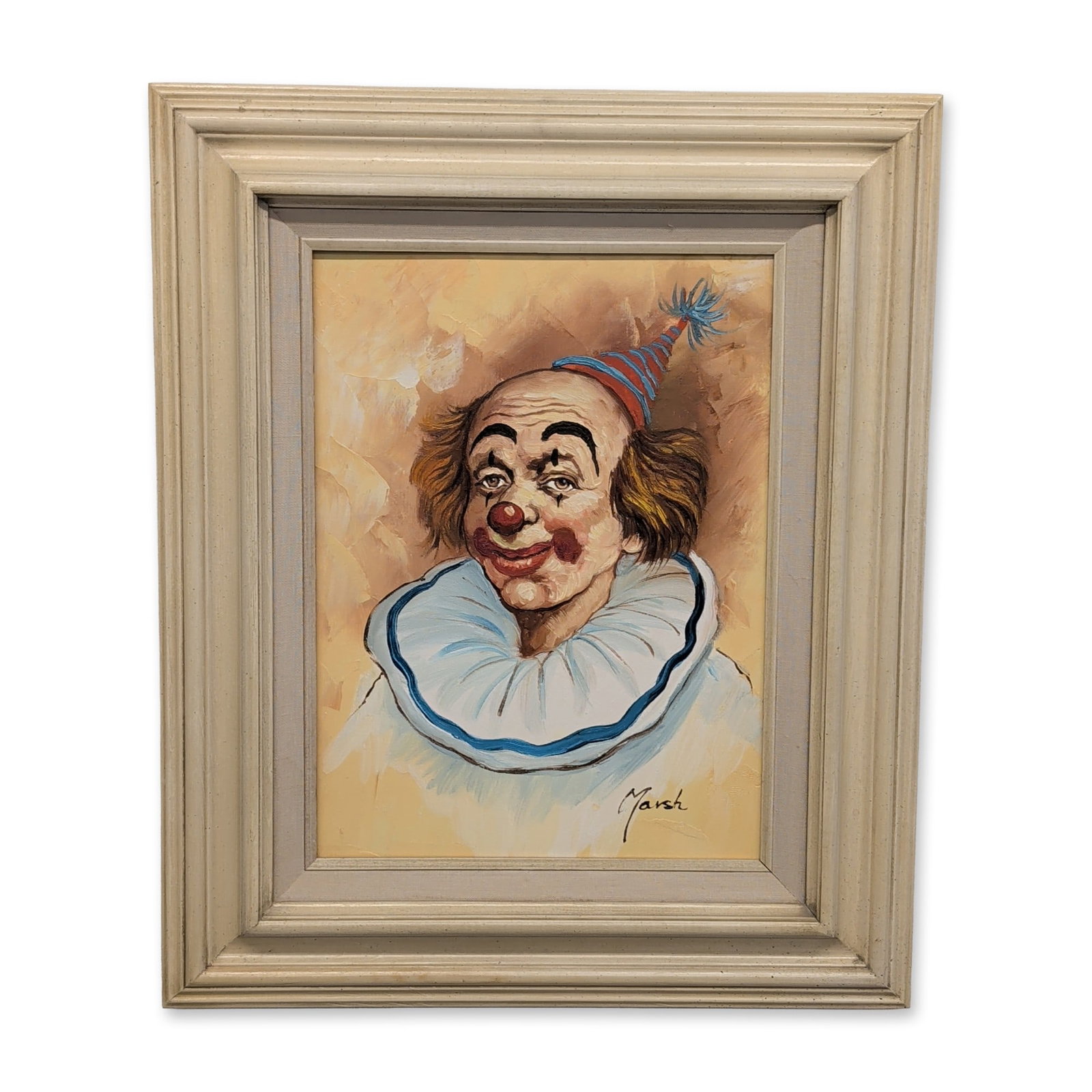 Marsh, Mid-Century Oil on Canvas Clown Painting: Marsh. Portrait of a melancholy clown in oil on canvas, featuring expressive brushwork and impasto in the white and blue ruffled collar. The composition depicts a clown in traditional makeup with a