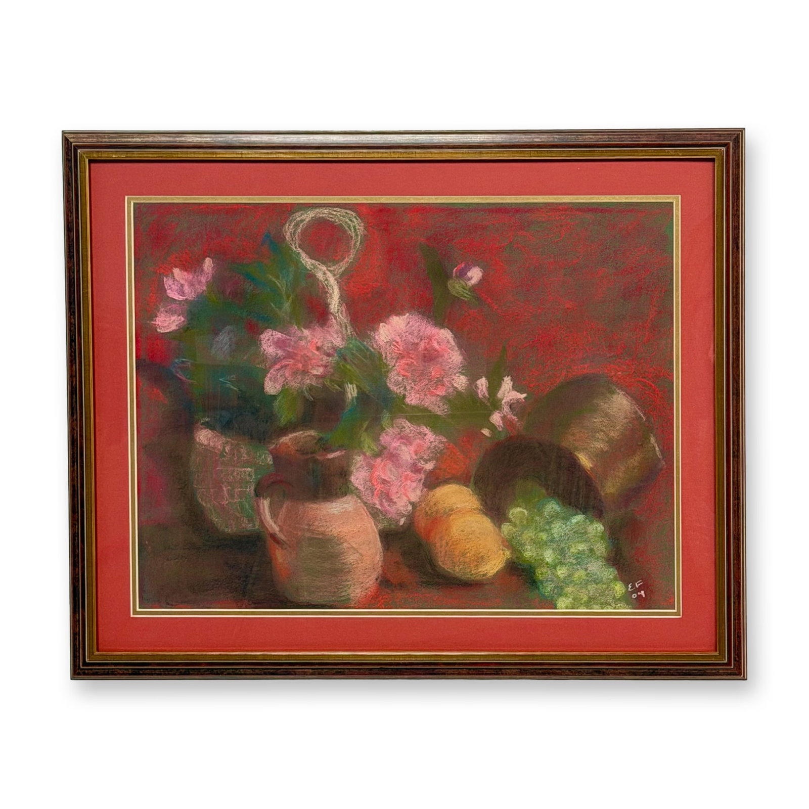 Original Pastel on Paper, Still Life with Flowers and Fruit, Signed: This still-life drawing is executed in pastel on heavy wove paper. The composition features an arrangement of pink flowers in a vessel, a terracotta pitcher, a piece of yellow fruit, and a cluster of