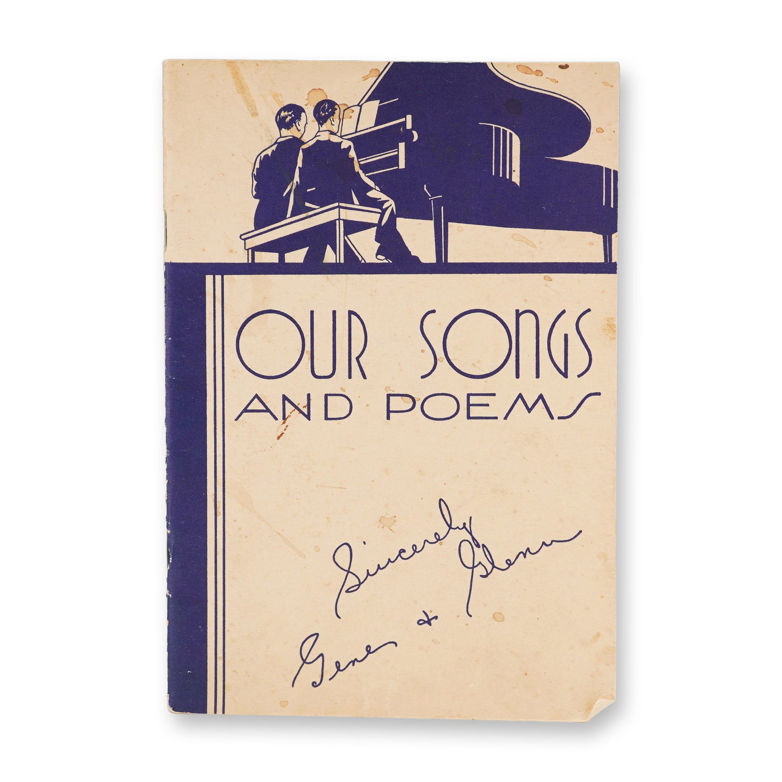 Gene Carroll and Glenn Rowell -Booklet,1st E - Our Songs and Poems, Signed: The 1937 illustrated softcover booklet features a collection of original songs and poems with musical notation, written and composed by the performing duo. The cover bears printed signatures reading